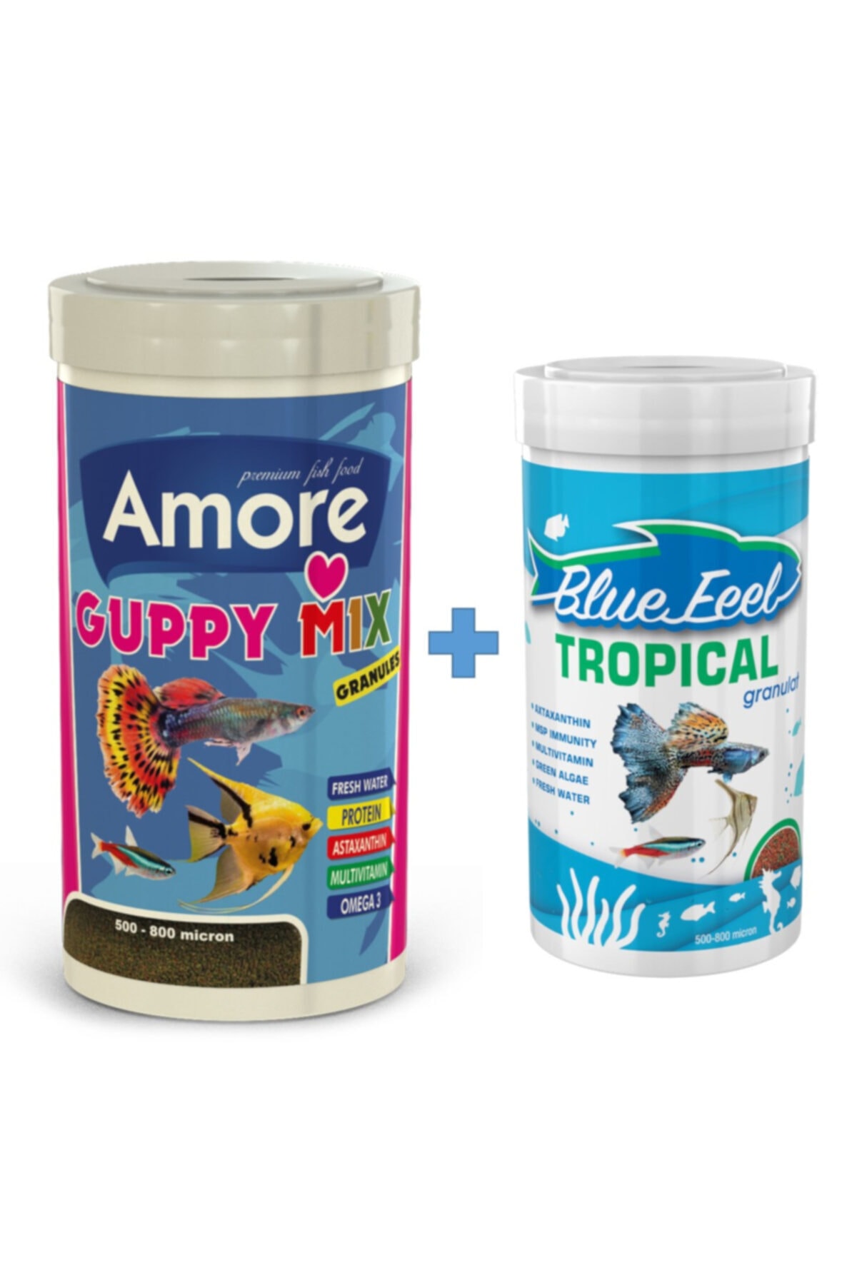 AMORE Guppy Mix Granules 1000ml + Bluefeel Tropical Granulat 250ml Kutu Tropikal Balık Yemi