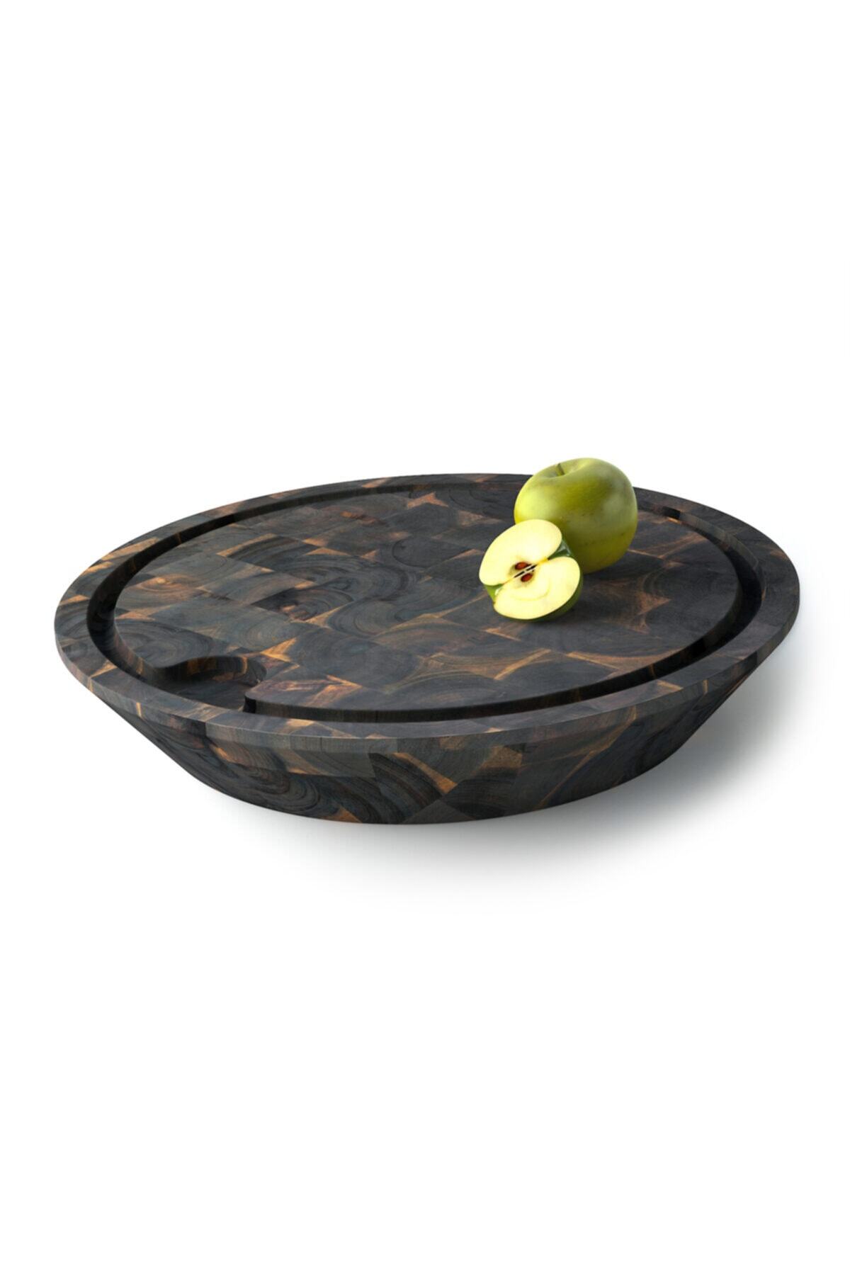 INTERBUILD REAL WOOD Interbuild Masif Akasya End Grain,samurai Yuvarlak Doğrama Kasap Bloğu,çap;45 Cm X7,8 Cm- Espresso