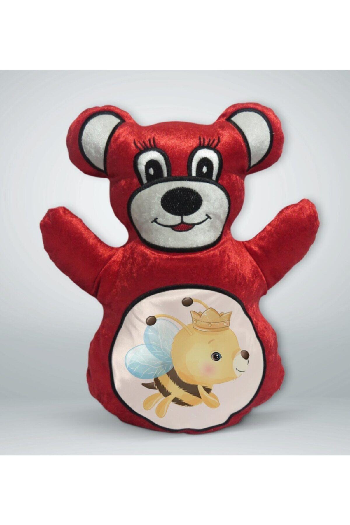 BK Gift Sevimli Arı Tasarımlı Kırmızı Ayıcık Yastık-1