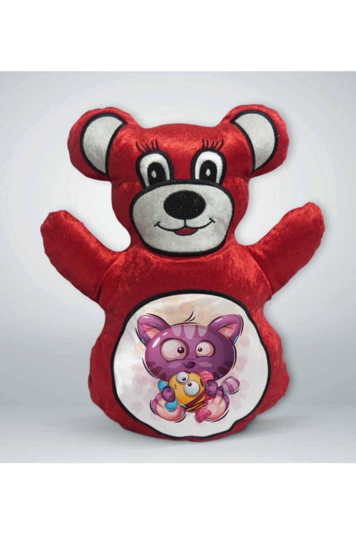 BK Gift Sevimli Kedi Tasarımlı Kırmızı Ayıcık Yastık-5