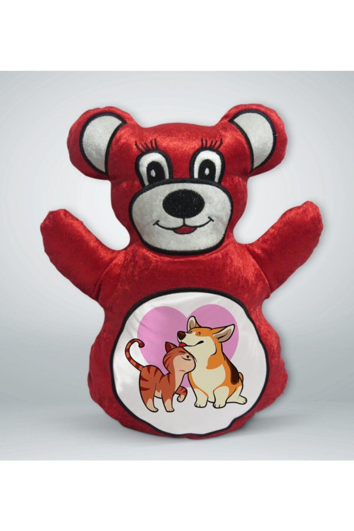 BK Gift Kedi Ve Köpek Tasarımlı Kırmızı Ayıcık Yastık-1