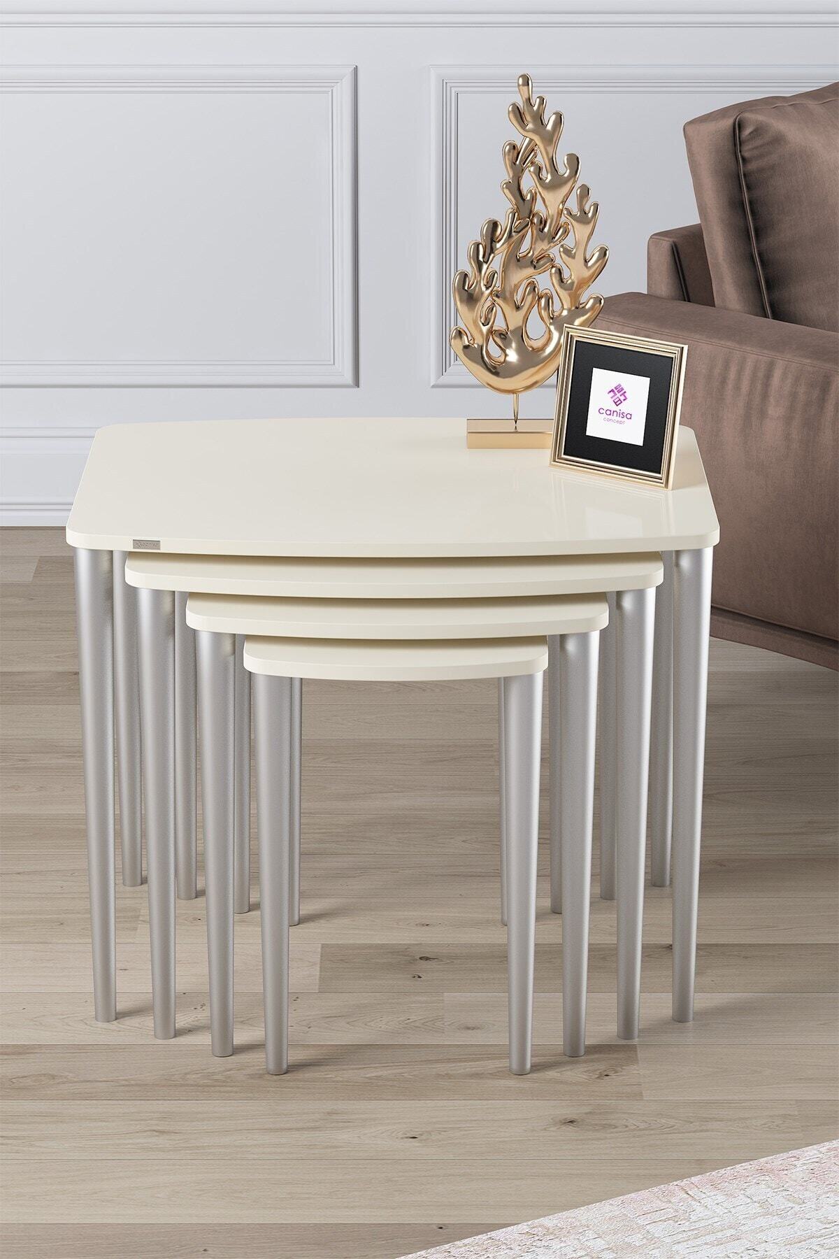 Canisa Concept Anka Serisi Mdf 4'lü Zigon Sehpa Takımı Krem/gümüş