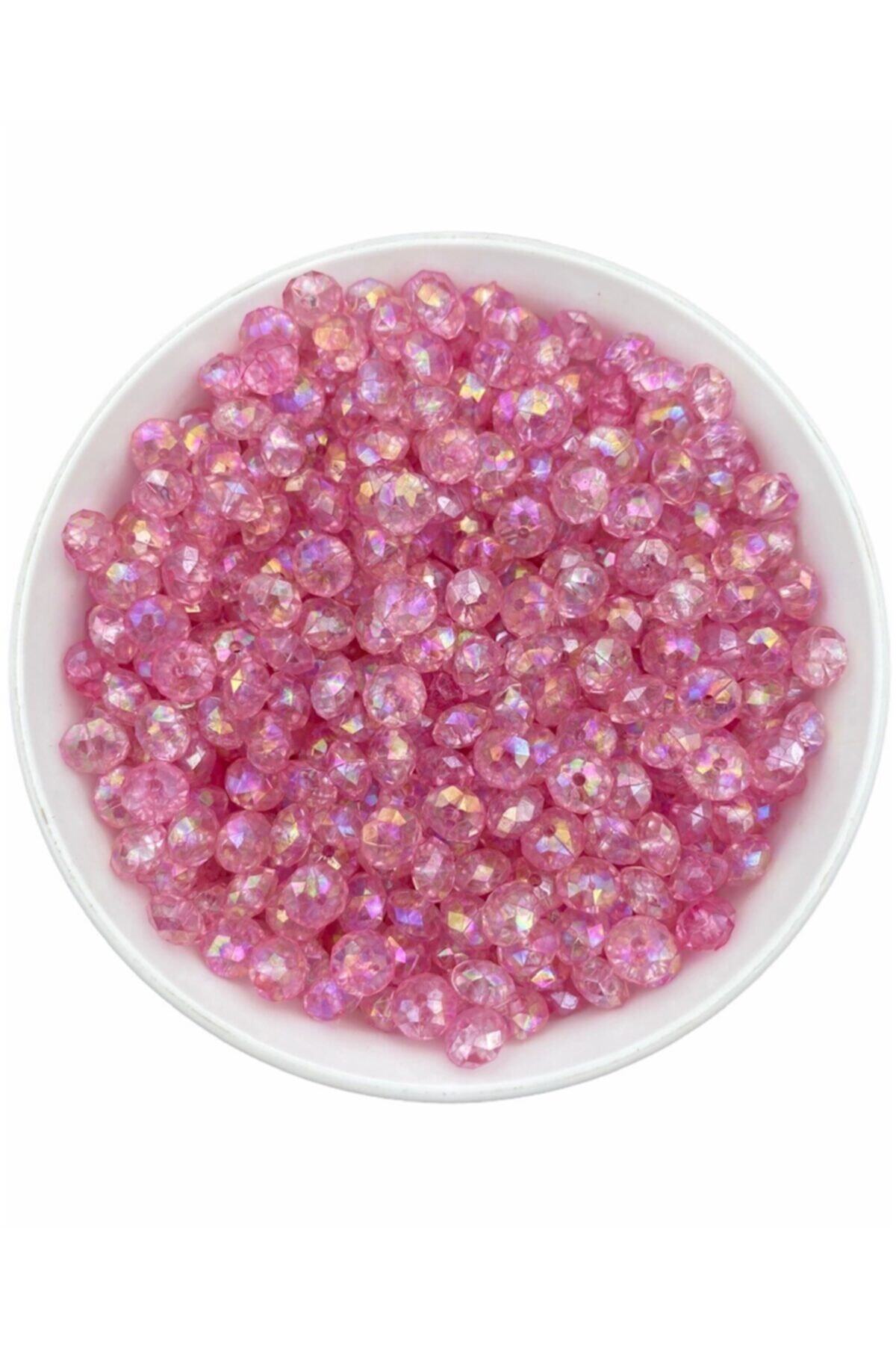 Hedef Bijuteri Pembe Renk 8mm Basık Janjanlı Akrilik Boncuk,parlak Takı Yapım Hobi Boncuğu (50gr, 290 Adet)