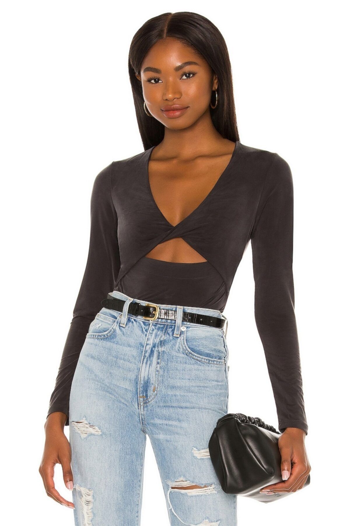 By Kul Design Kadın Siyah Uzun Kol V Yaka İpek Jarse Bodysuit