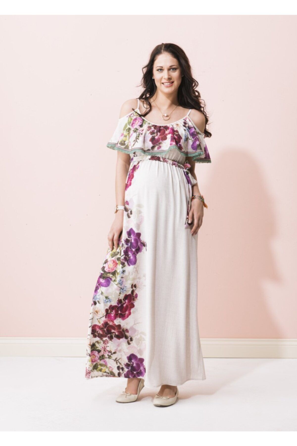 Even Fashion Hamile Giyim Omuz Detaylı Uzun Hamile Elbise