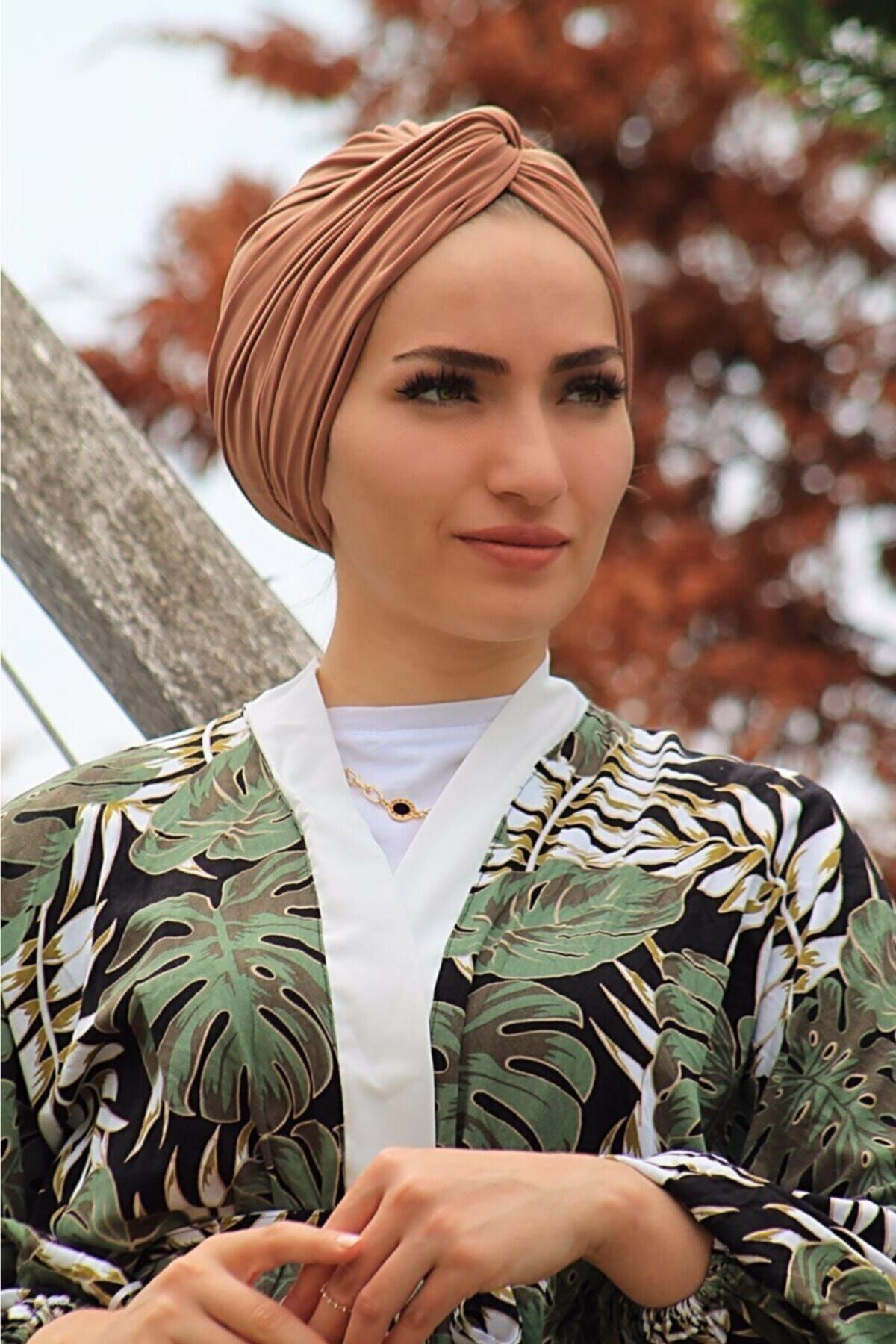 Sahra Şal Dünyası Dolama Bone Caremel Hazır Model