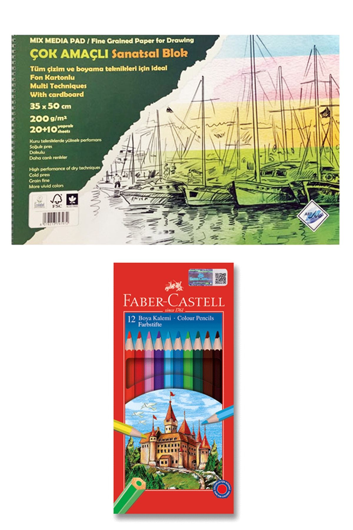 GLANCE Art Liva Resim Defteri Fon Kartonlu 35x50 200 Gr.20+10 Yp Faber Castell Kuru Boya Kalemi 12 Renk