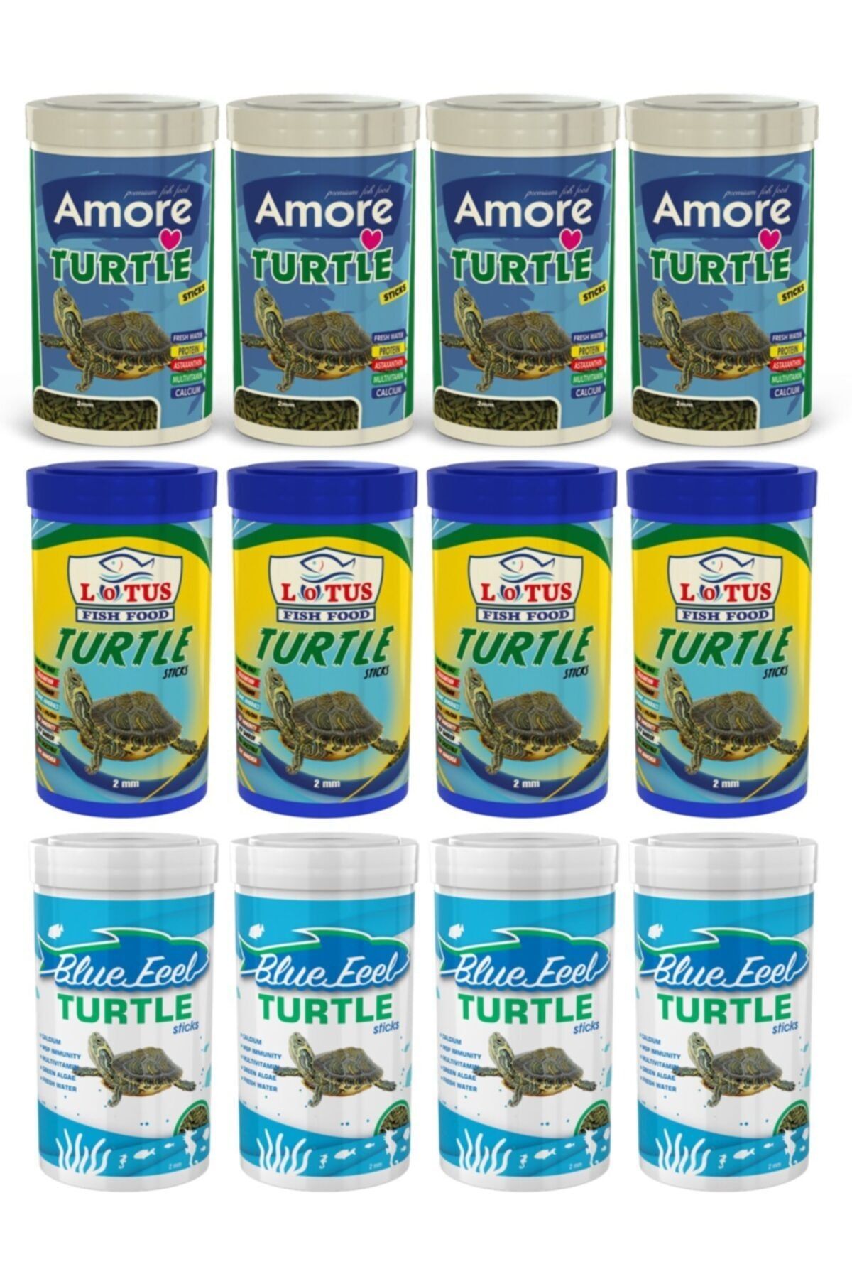 AMORE Turtle Sticks 4x250 ml + Bluefeel Turtle 4x250 ml + Lotus Turtle 4x250 ml Kutu Kaplumbağa Yemi