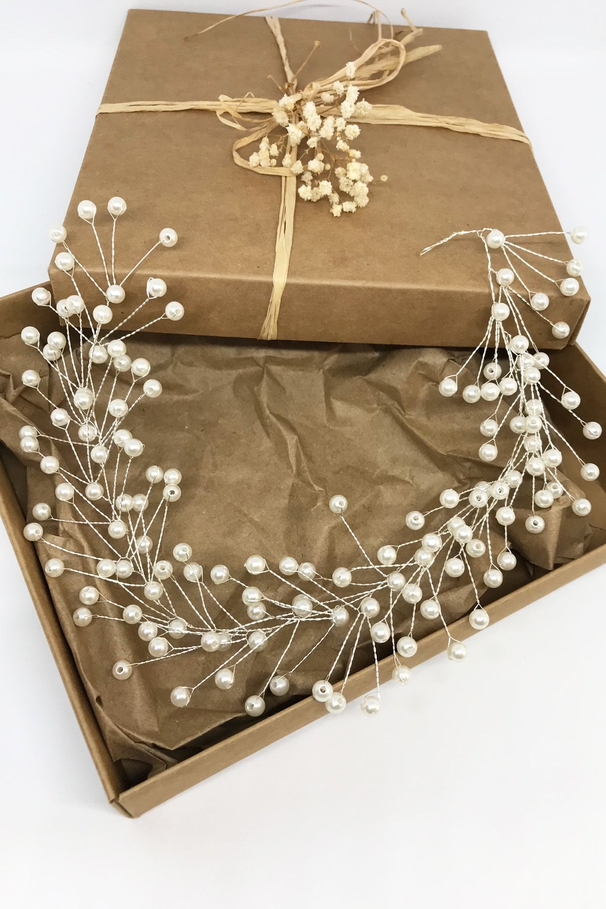 SMPLEBOX Kırık Beyaz Full Incili Bahar Çiçekleri Gelin Saç Aksesuarı, Gelin, Dış Çekim Saç Tacı