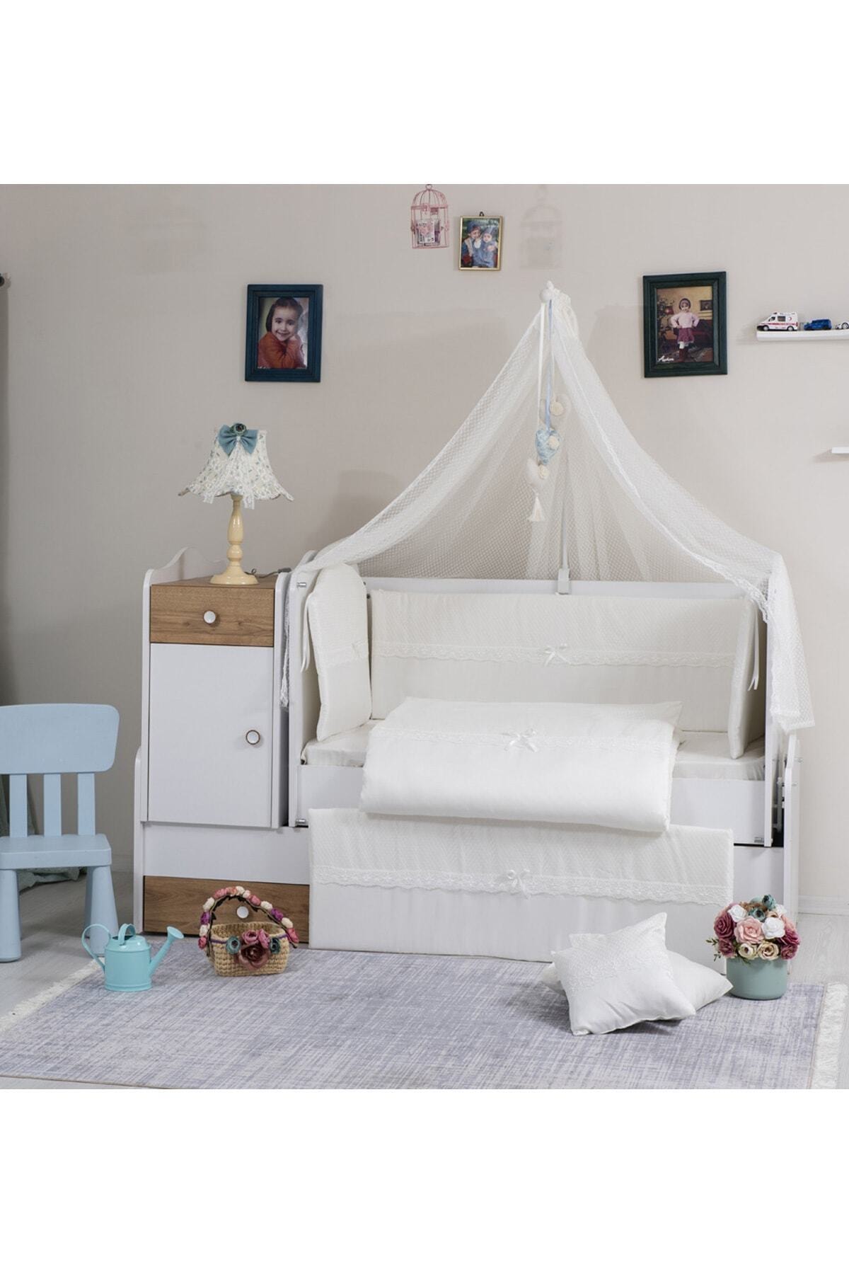 Mini Baby File Krem Bebek Uyku Seti 10 Parça Cibinlik ve Aparatı Dahil  60x120 Ölçü