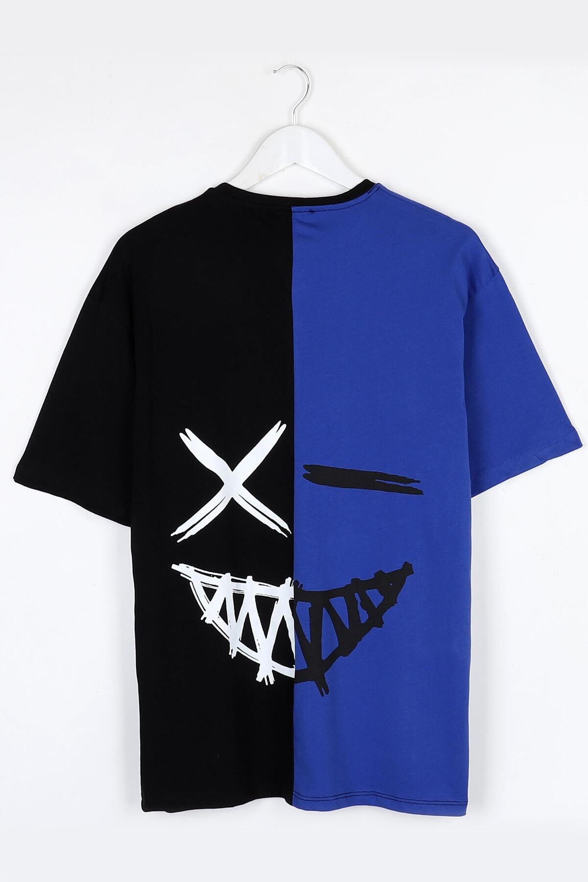 Sekizbiraltı Saks Mavisi-siyah Sırt Baskılı Oversize Unisex Tshirt