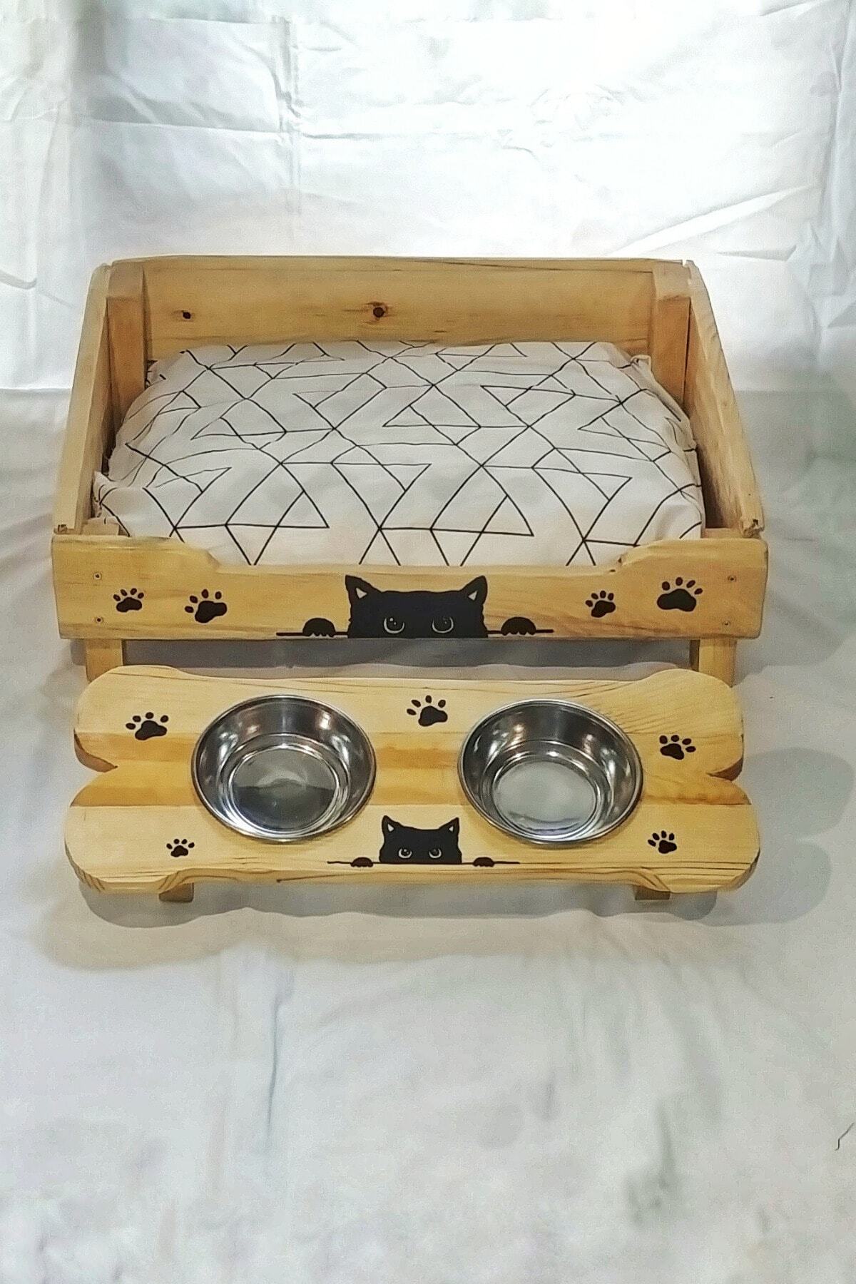 AhşapKeyfi Ahşap Kedi Yatağı Ve Mama Kabı 2li Set