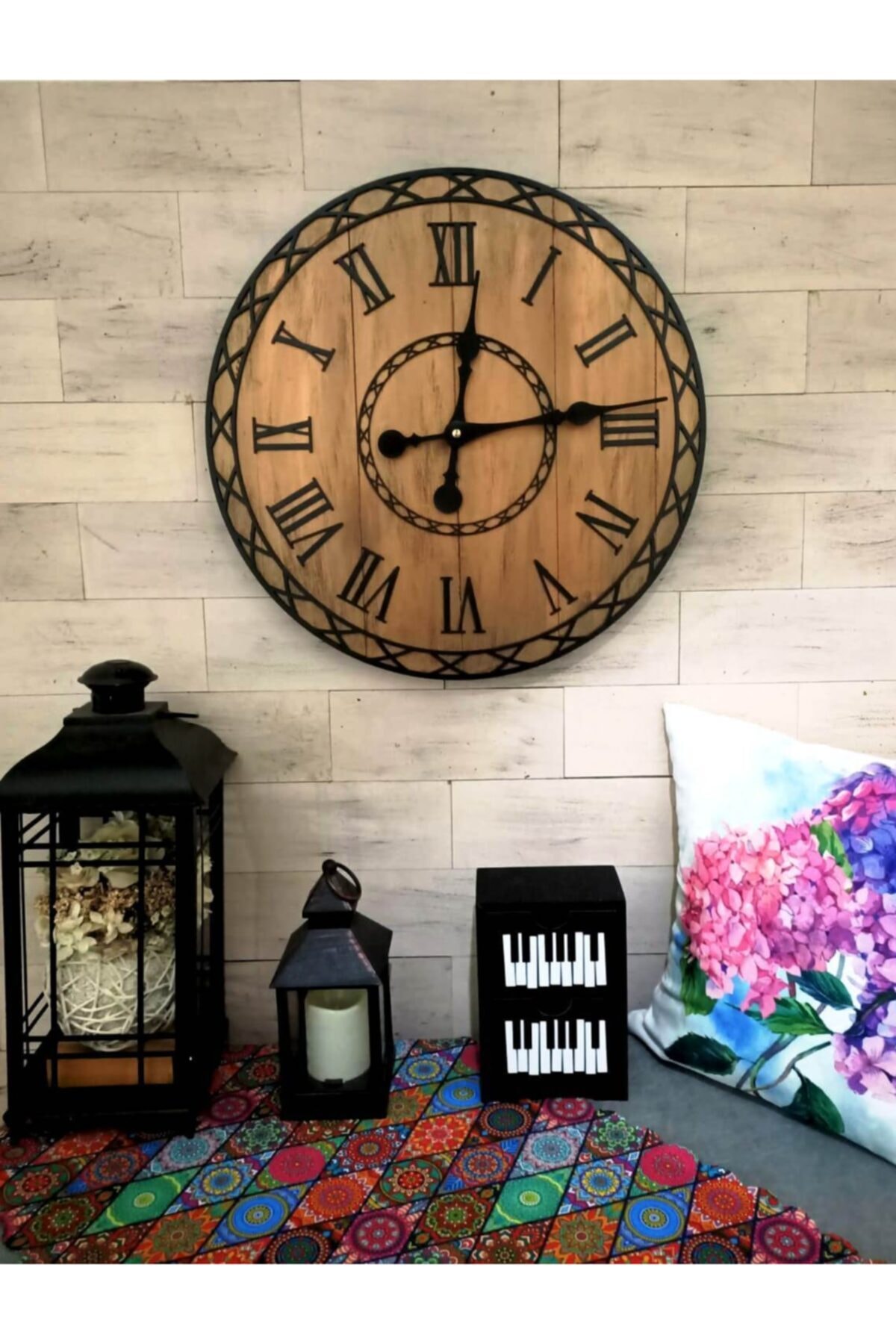 Kaya Hediyelik Dekoratif Özel Tasarım Ahşap Eskitme Şık Duvar Saati 50 Cm