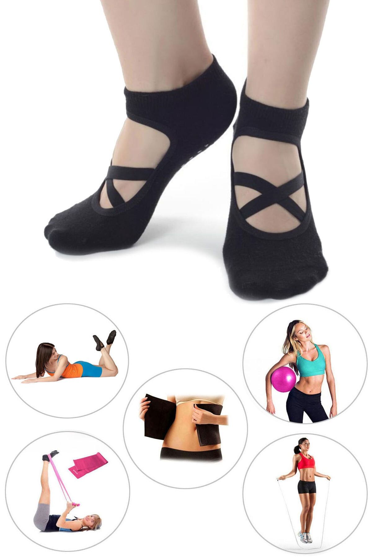 Spor Byfit Kaydırmaz Tabanlı Pamuklu Pilates Çorabı + Denge Topu + Band + Atlama Ipi + Termal Kemer - 5'li Set