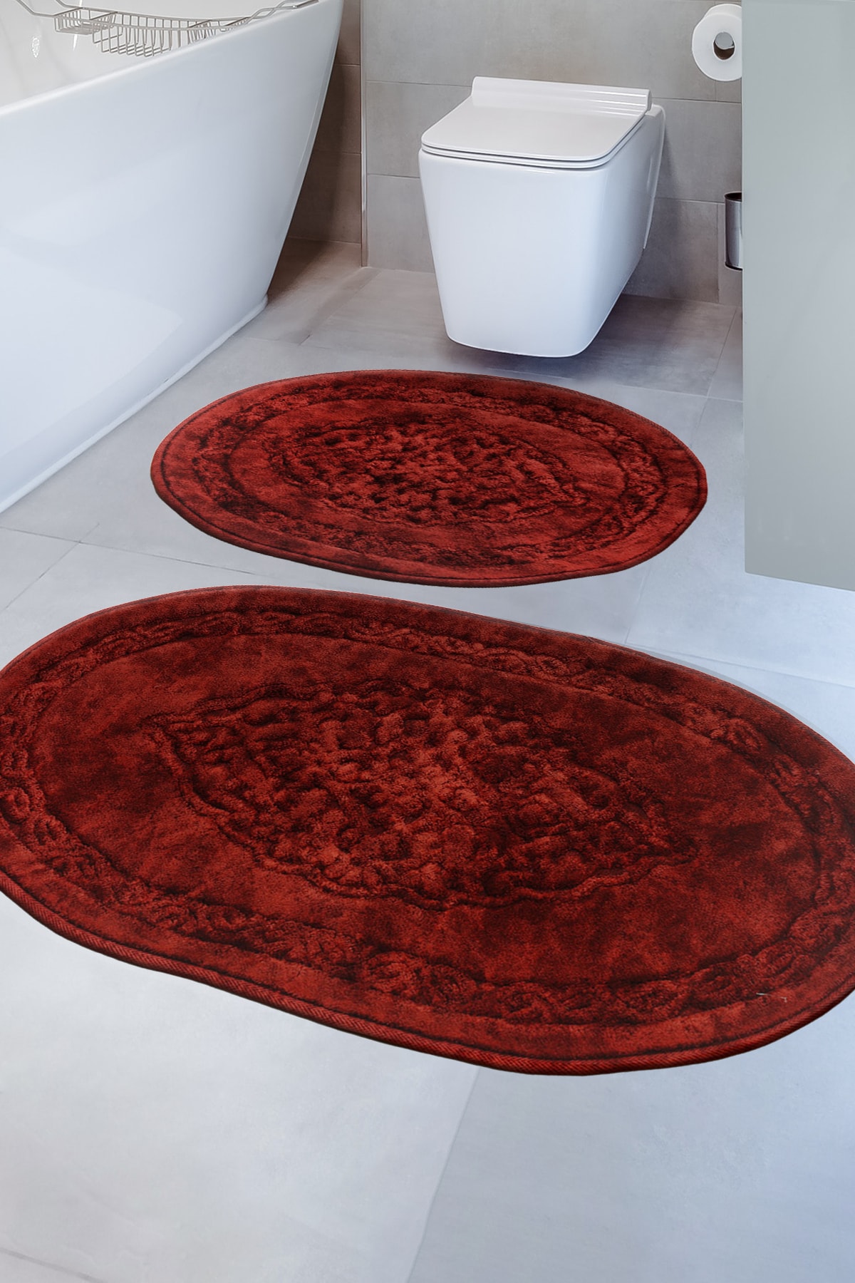 İva Home Collections Lotus Oval 2'li Pamuklu Klozet Takımı, Bordo Banyo Paspas Seti