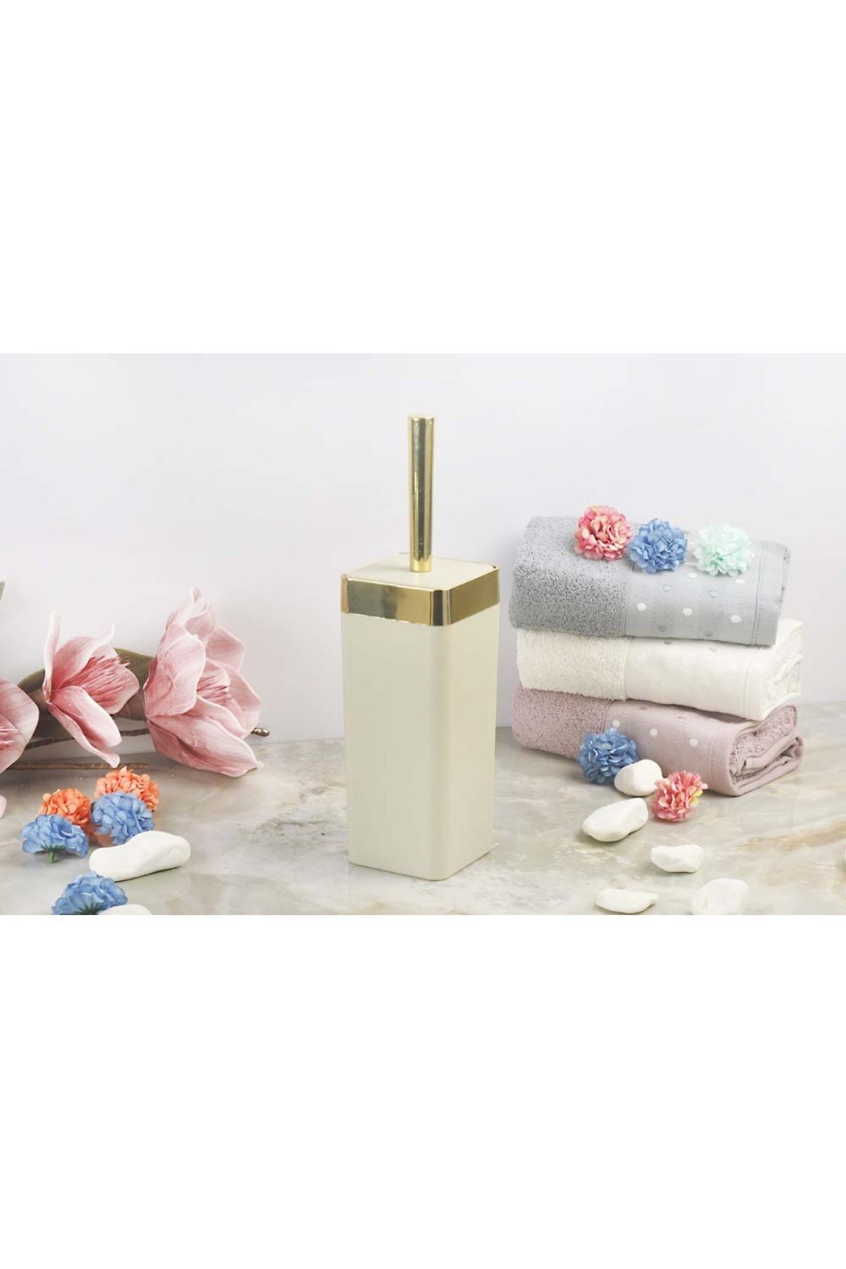 İmera Akrilik Yapım Gold Çizgi Soft Banyo Kare Tuvalet Fırçası Wc Fırçası Krem