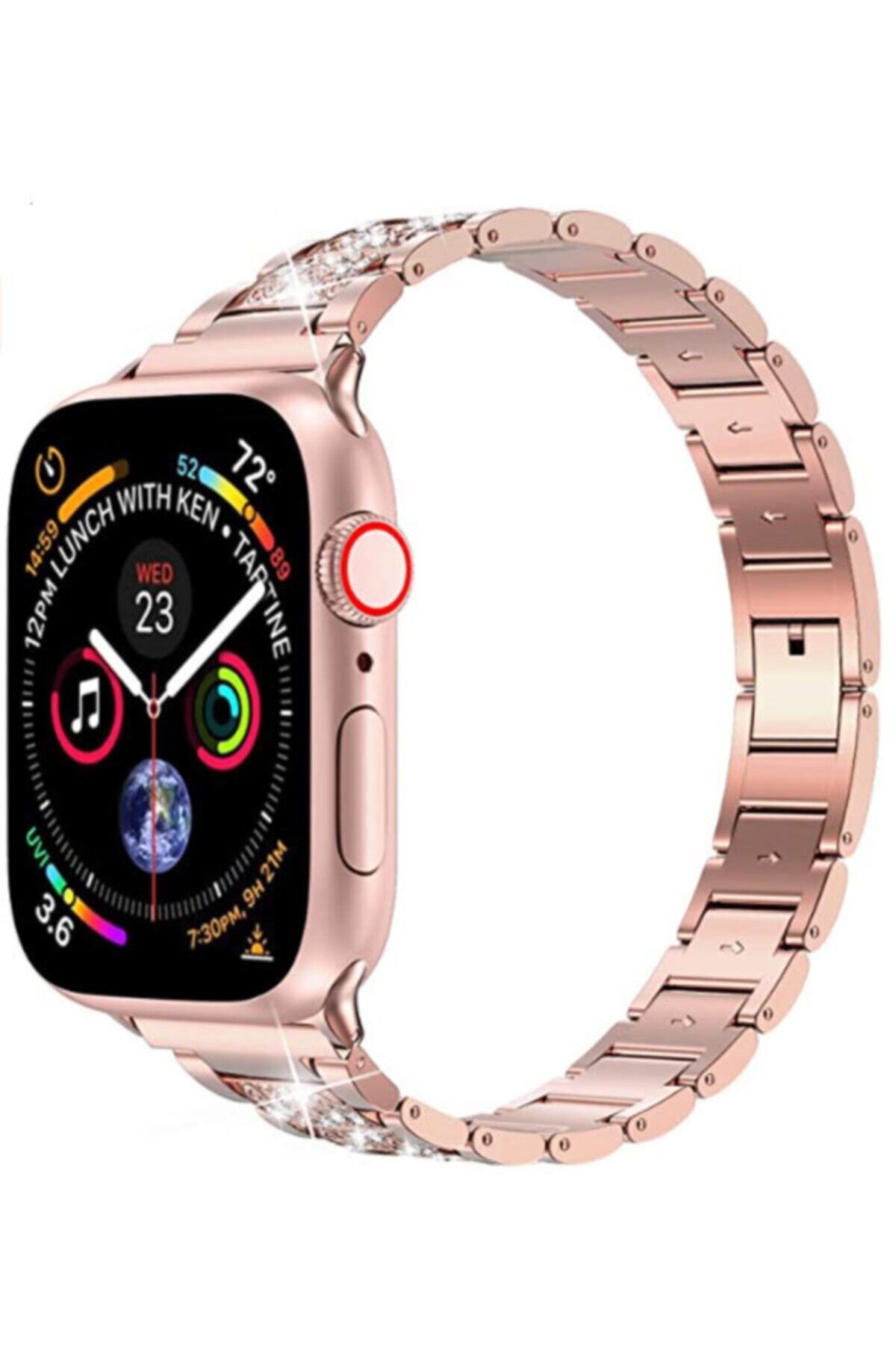 Apple Watch 1 2 3 4 5 6 Se 44 Mm Klipsi Taşlı Metal Kordon Kayış Rose Ve Popsocket