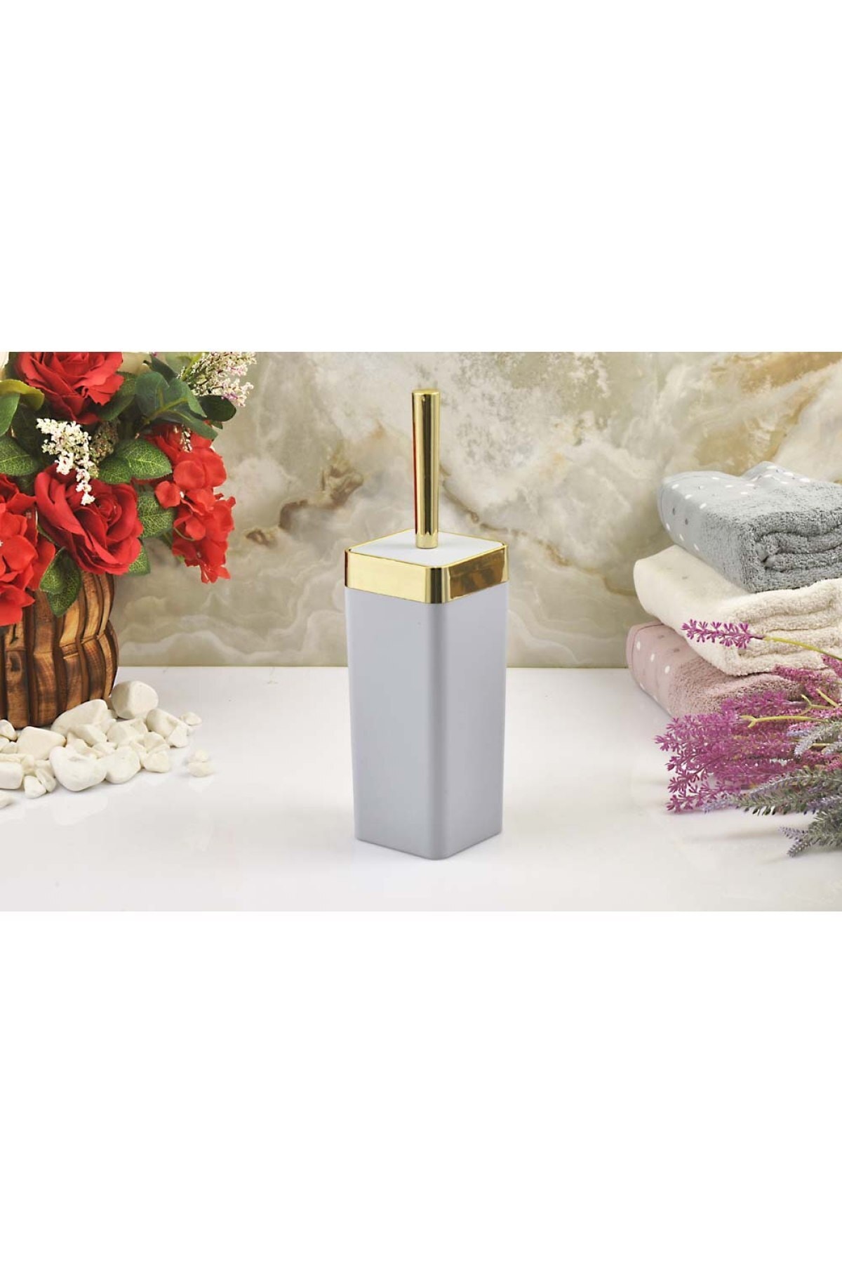 İmera Akrilik Yapım Gold Çizgi Soft Banyo Kare Tuvalet Fırçası Wc Fırçası Mavi