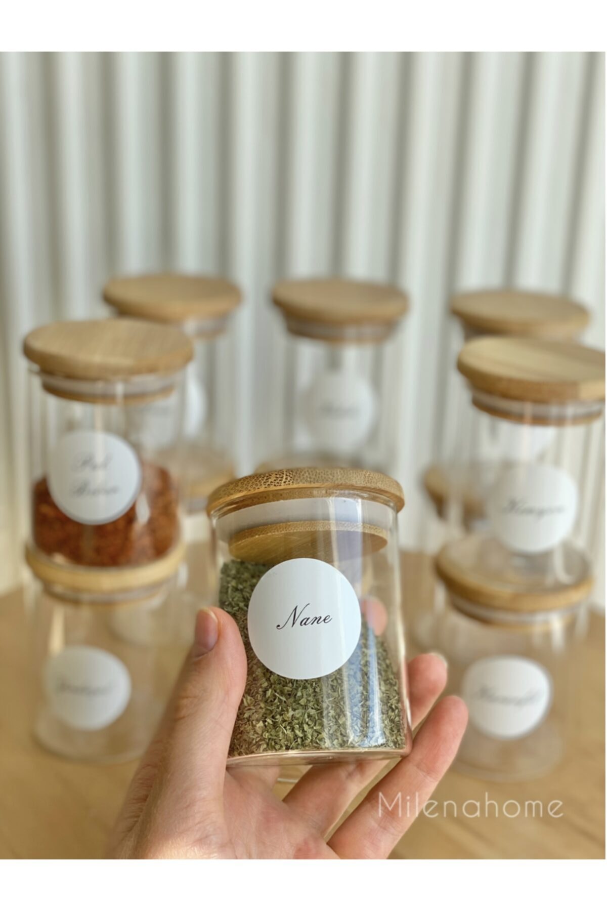 Milena Home 6 Adet Bambu Kapaklı Suya Dayanıklı Etiketli Borosilikat Cam Baharatlık 200 Ml