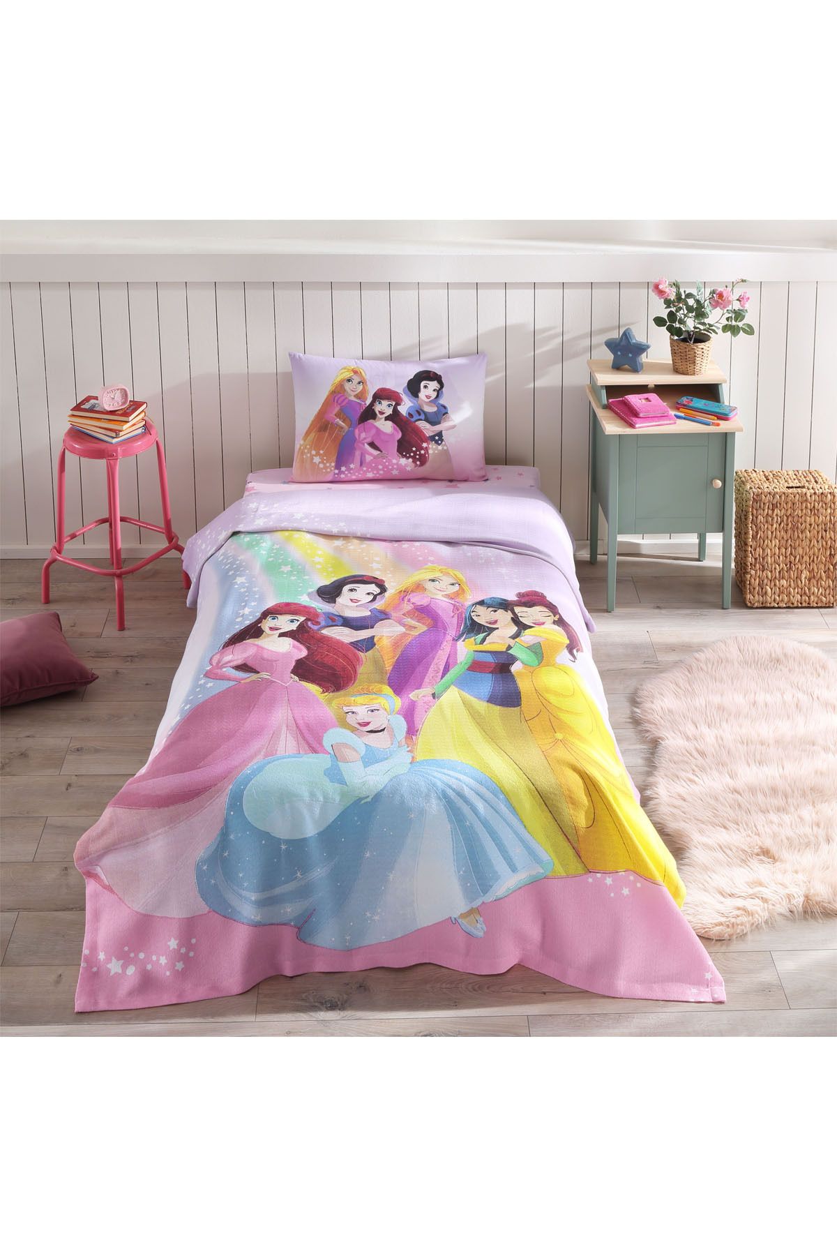 Princess Rainbow Tek Kişilik Disney Lisanslı Lastikli Fitted Çarşaf Çocuk Pike Takımı