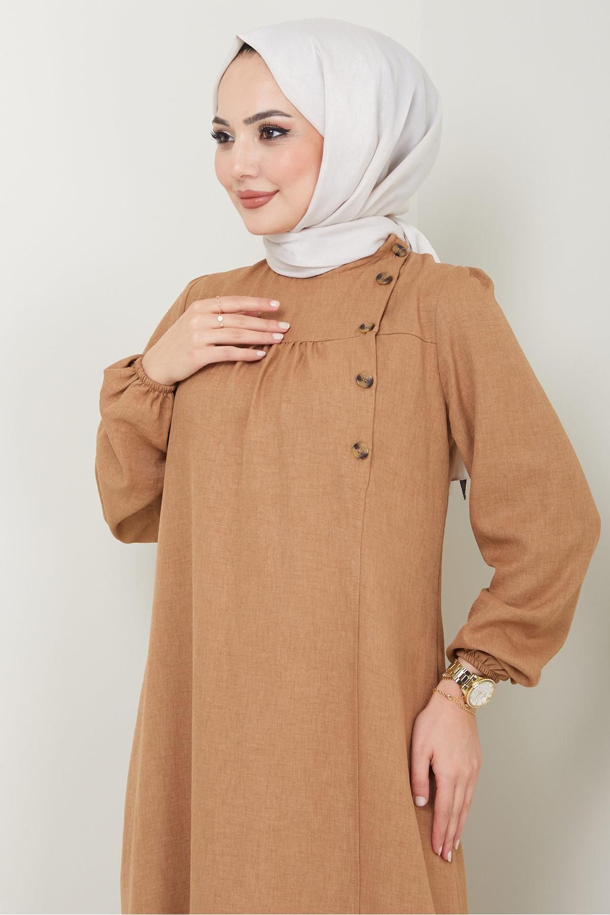 Düğme Detaylı Elbise Camel 2436