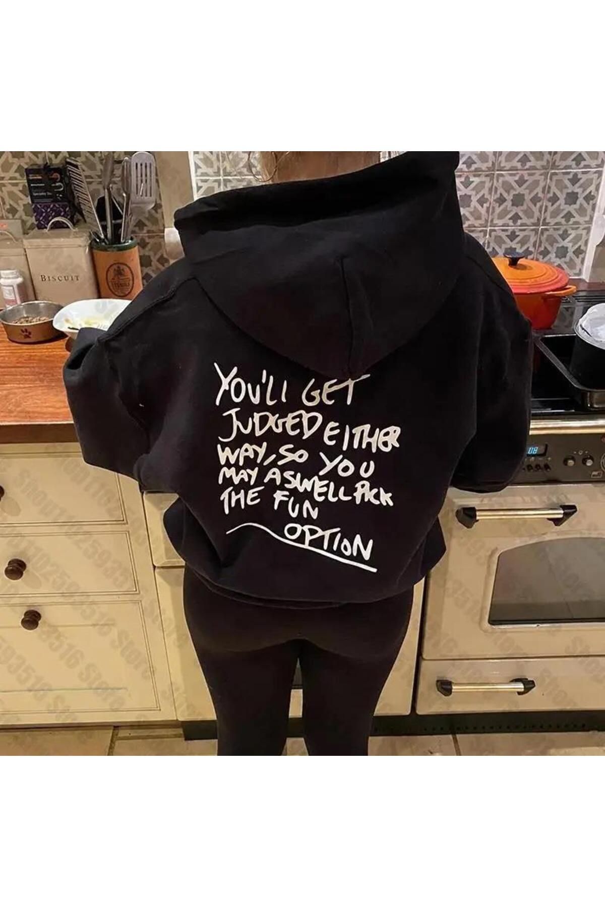 Loots  Slogan Baskılı Siyah Kapşonlu Sweatshirt