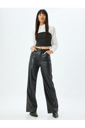 Suni Deri Pantolon Geniş Paça Düğmeli Cep Detaylı Normal Bel Image 0