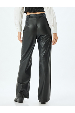 Suni Deri Pantolon Geniş Paça Düğmeli Cep Detaylı Normal Bel Image 3