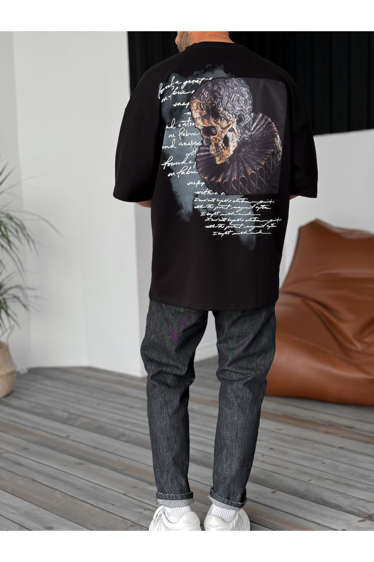 Siyah Skull Patchli Oversize T-Shirt B-1120