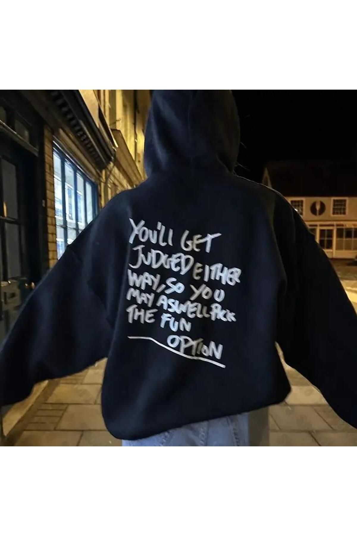 Loots  Slogan Baskılı Siyah Kapşonlu Sweatshirt