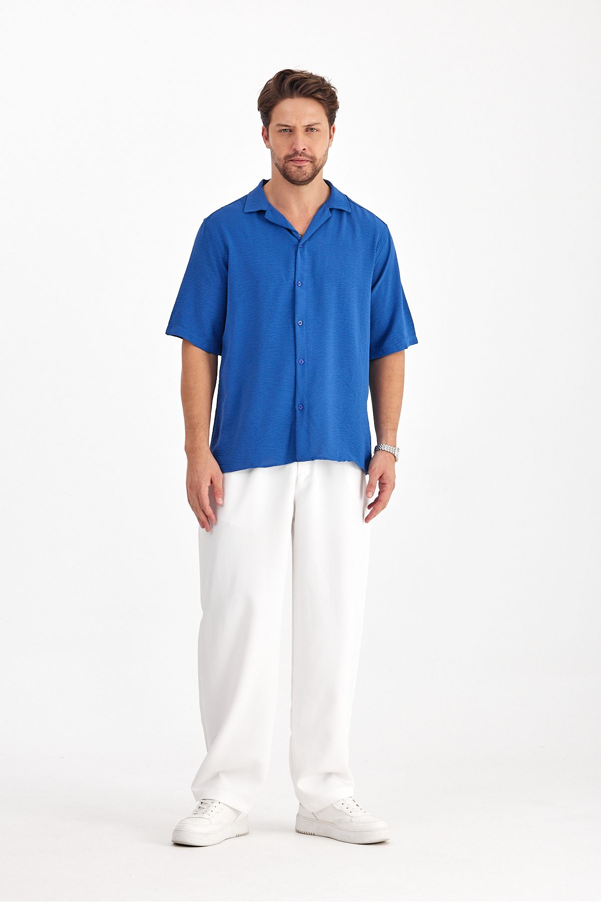 پیراهن تابستانی مردانه بافت گشاد پیراهن آستین کوتاه تابستانی مردانه نیلی