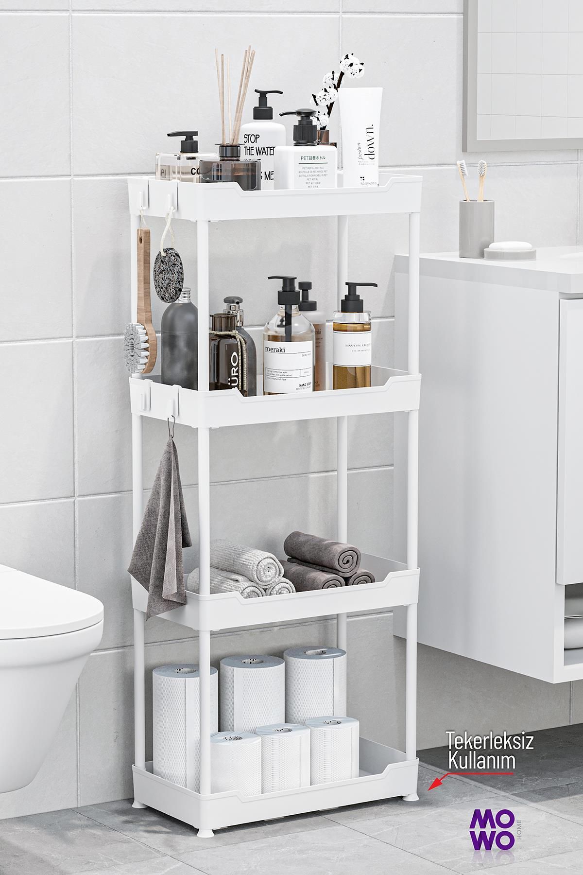 Mowo 4 طبقه قفسه حمام چرخدار سفید، قفسه آشپزخانه، جا حوله، نگهدارنده مواد شوینده سازمان دهنده آرایش Vesken