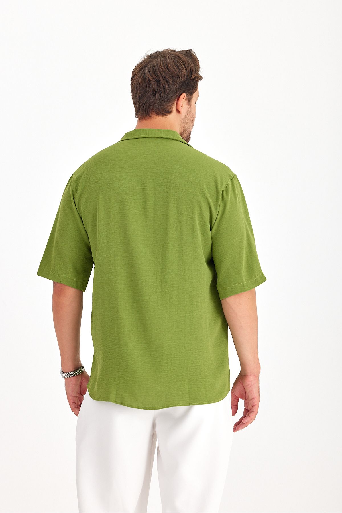 پیراهن تابستانی مردانه بافت گشاد آستین کوتاه پیراهن تابستانی مردانه سبز پسته ای