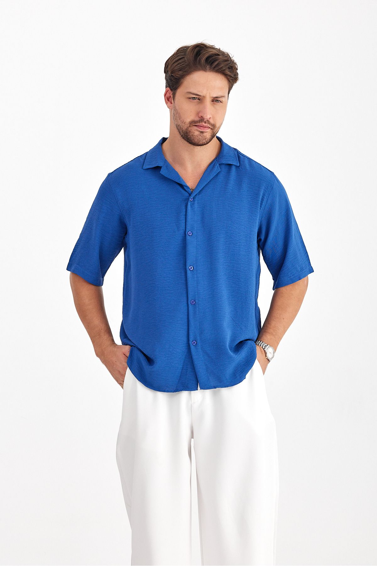 پیراهن تابستانی مردانه بافت گشاد پیراهن آستین کوتاه تابستانی مردانه نیلی