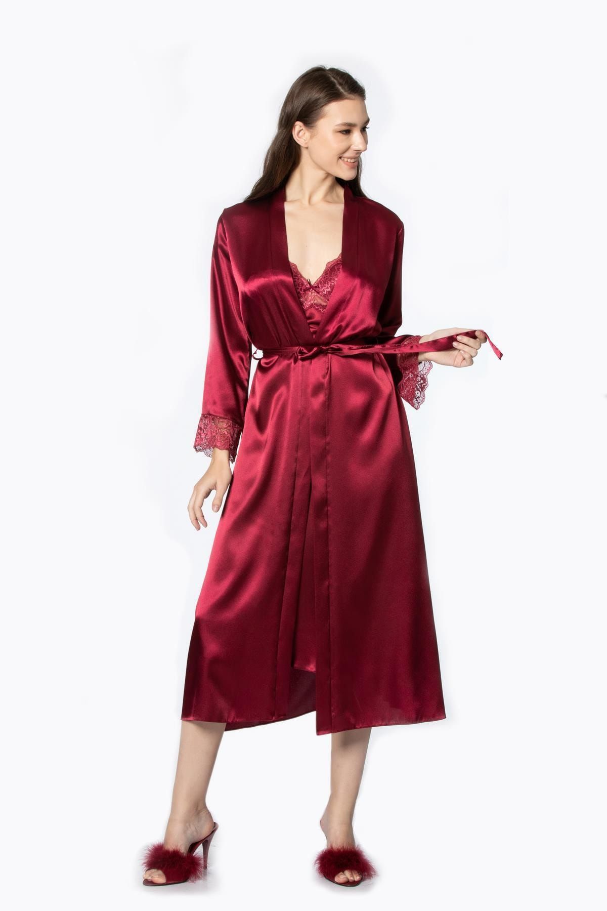Pierre Cardin Kadın Saten Dantelli Gecelik Sabahlık Takım 4370 Bordo