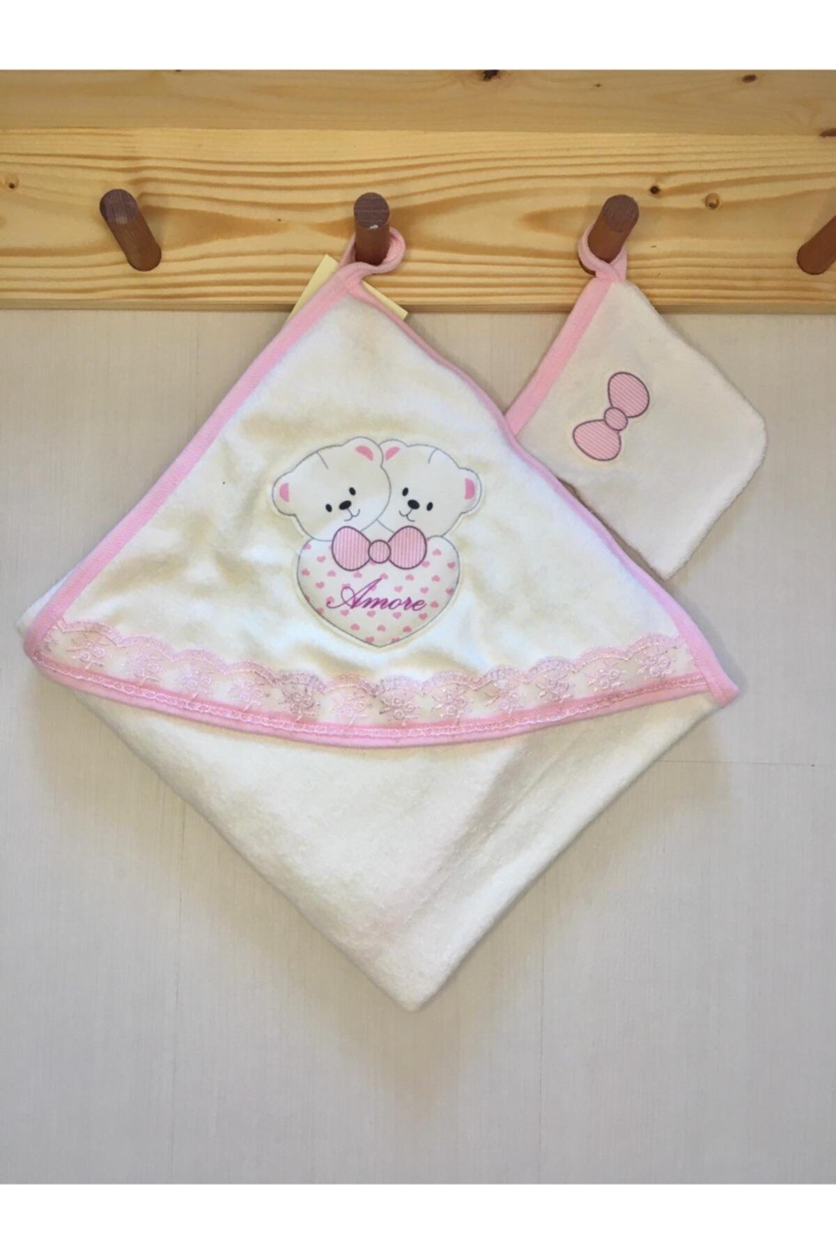 MiniKabin Ayıcık Desenli Fistolu Pembe Havlu Ve Kese Takımı