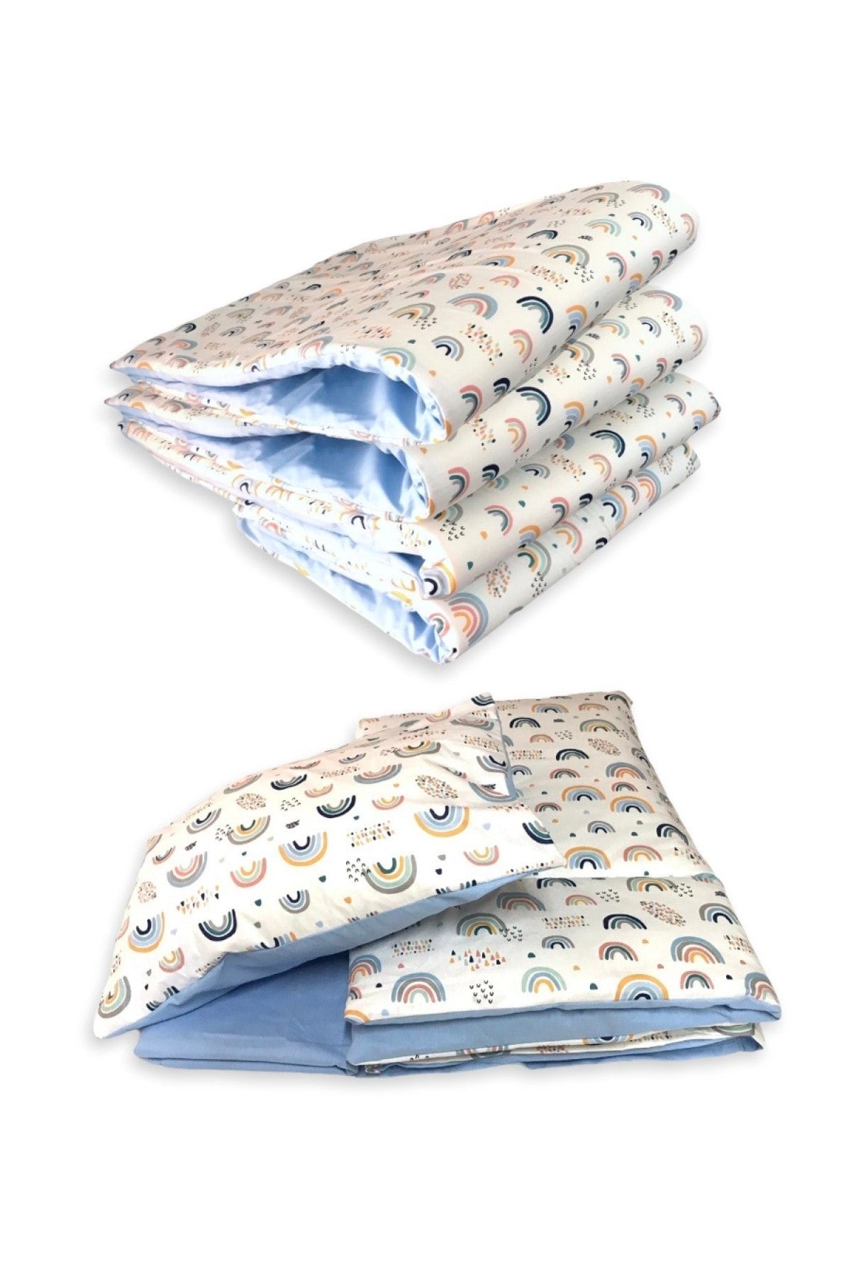 Bebek Özel %100 Pamuk 70x120 Park Beşik Kenar Koruma Uyku Seti Gökkuşağı Mavi (7 Parça)