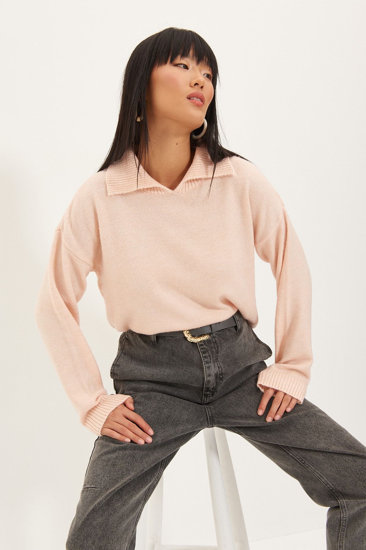 TRENDYOLMİLLA Pudra Polo Yaka Triko Kazak TWOAW22KZ1307