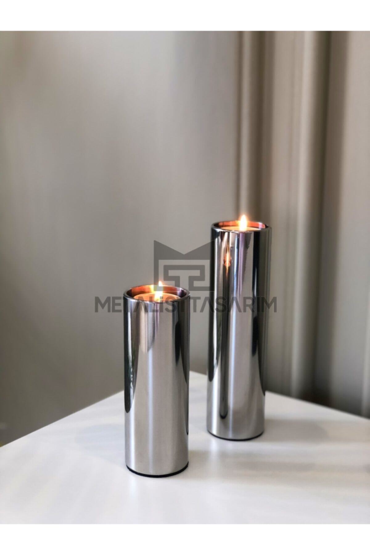 Metalist Tasarım Hira Özel Yapım Silindir Mumluk 2’li Paslanmaz Çelik