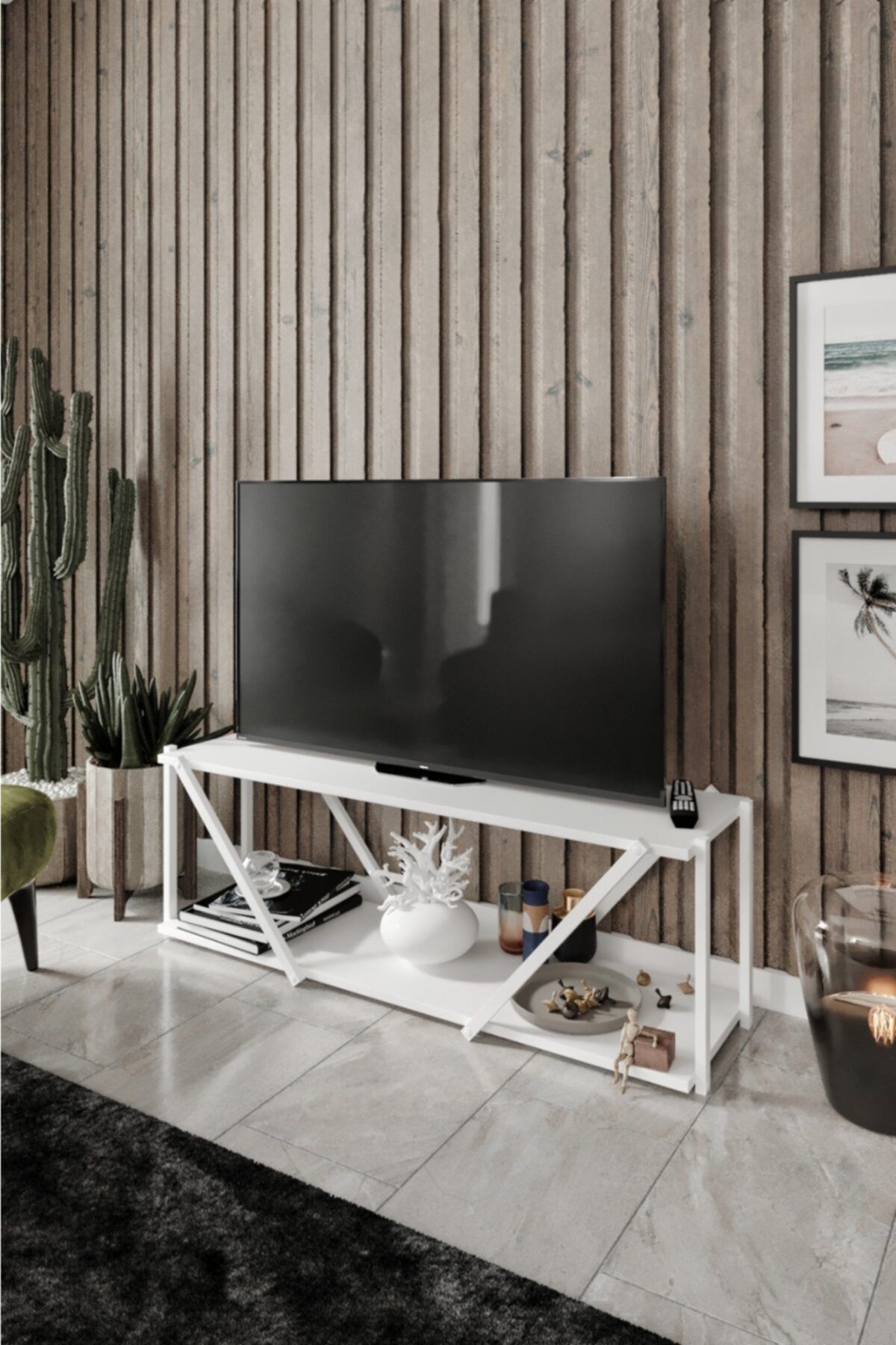 messer Dekoratif Tv Sehpası Beyaz Tv Ünitesi 120x35 Cm