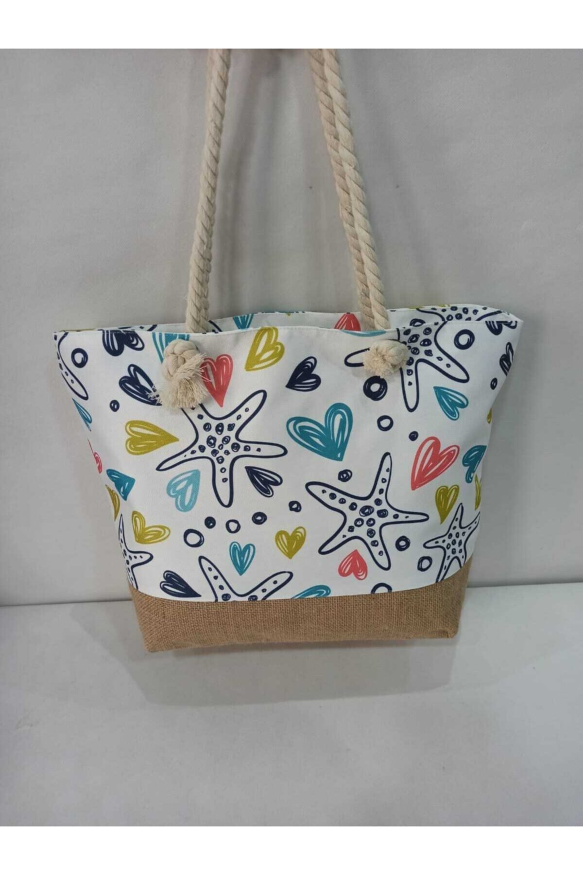 RENKLİ EV DÜNYAM Deniz Yıldızı Desenli Jütlü Plaj Çantası