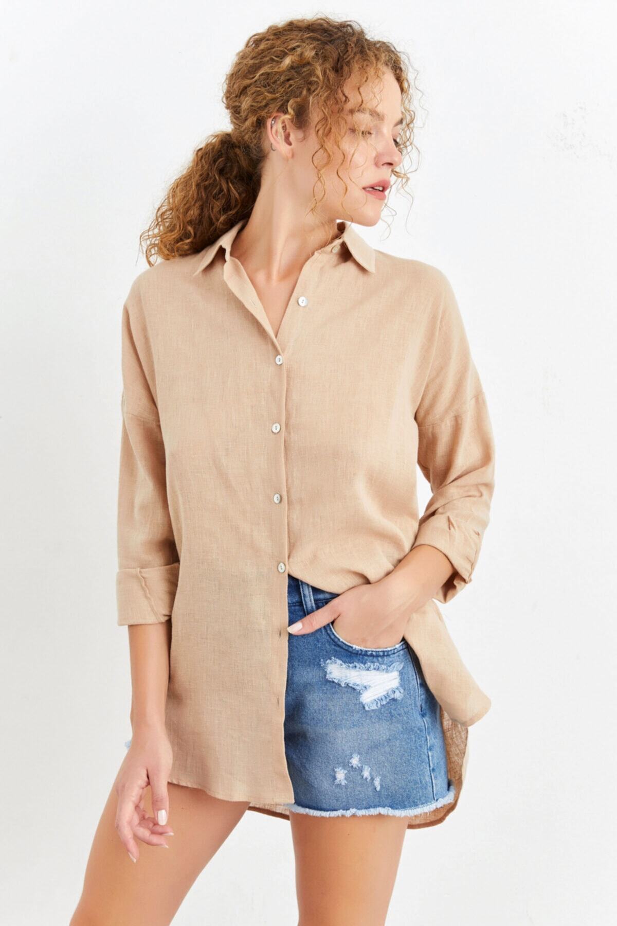 adL Uzun Kol Yanı Yırtmaçlı Keten Tunik