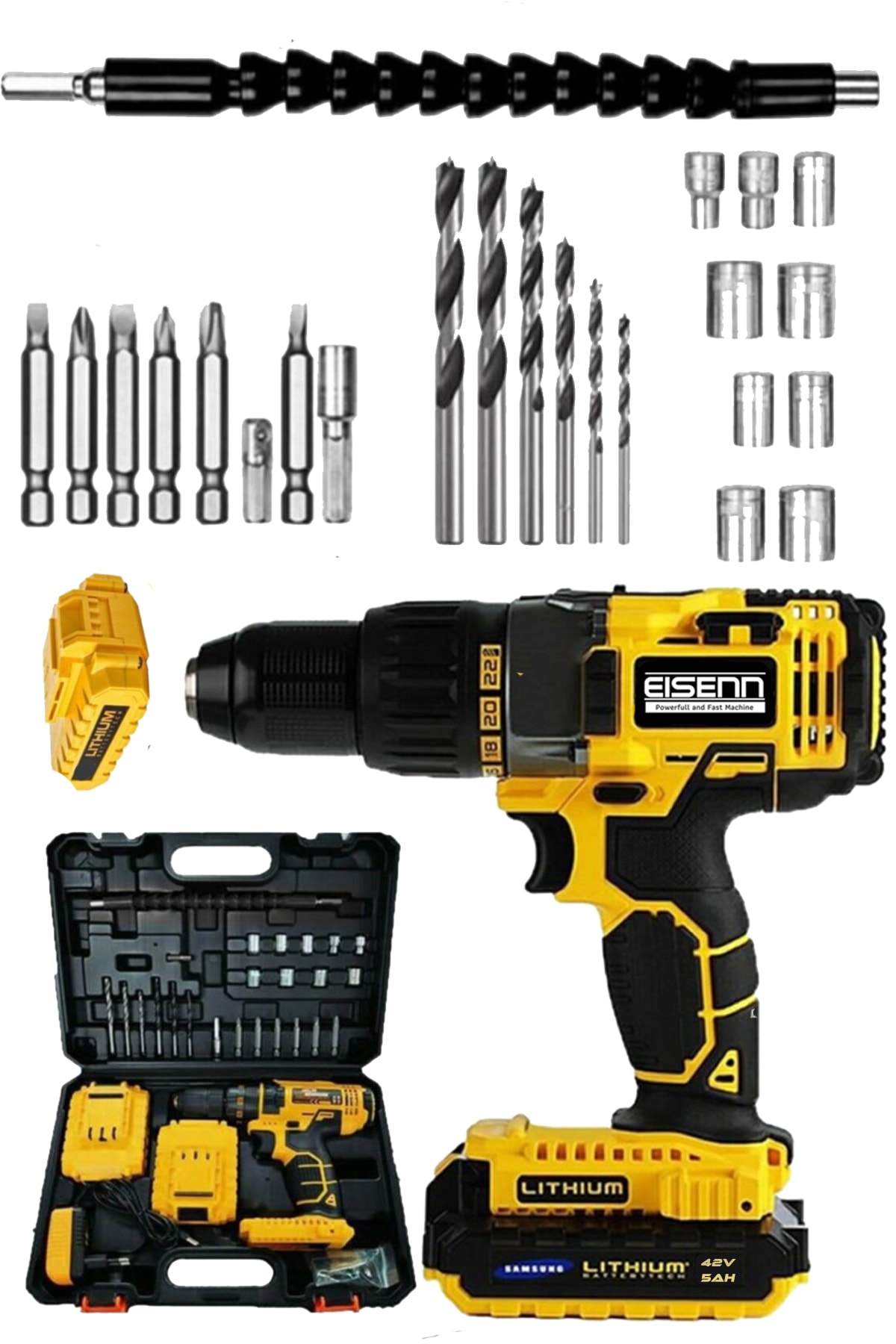 Eisenn Platinum Gearbox Darbeli 42 V 6 Ah Samsung Çift Akülü Matkap Set
