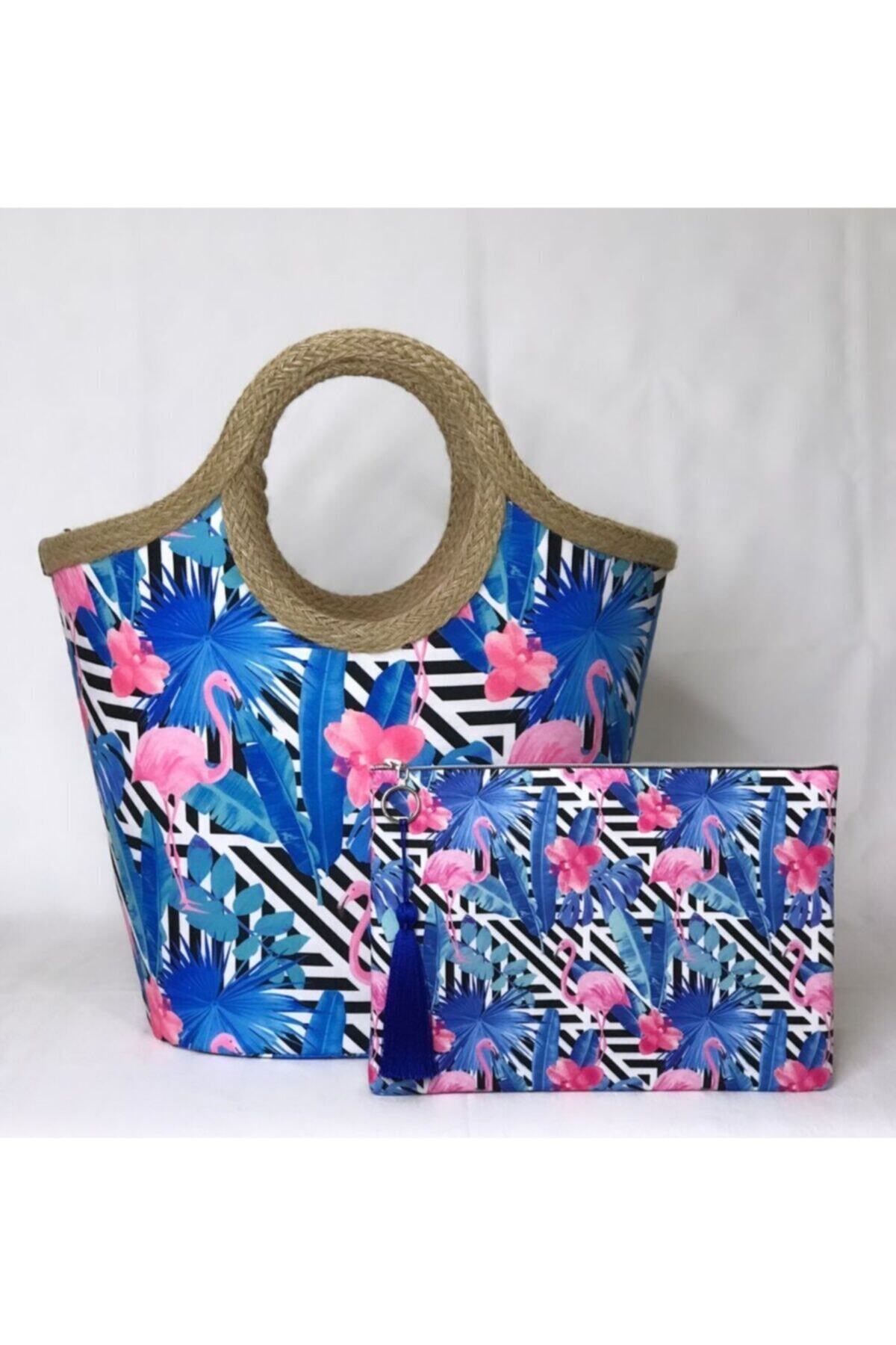 çanta tasarımcısı Plaj Portföy Ikili Kombin Flamingo Desen