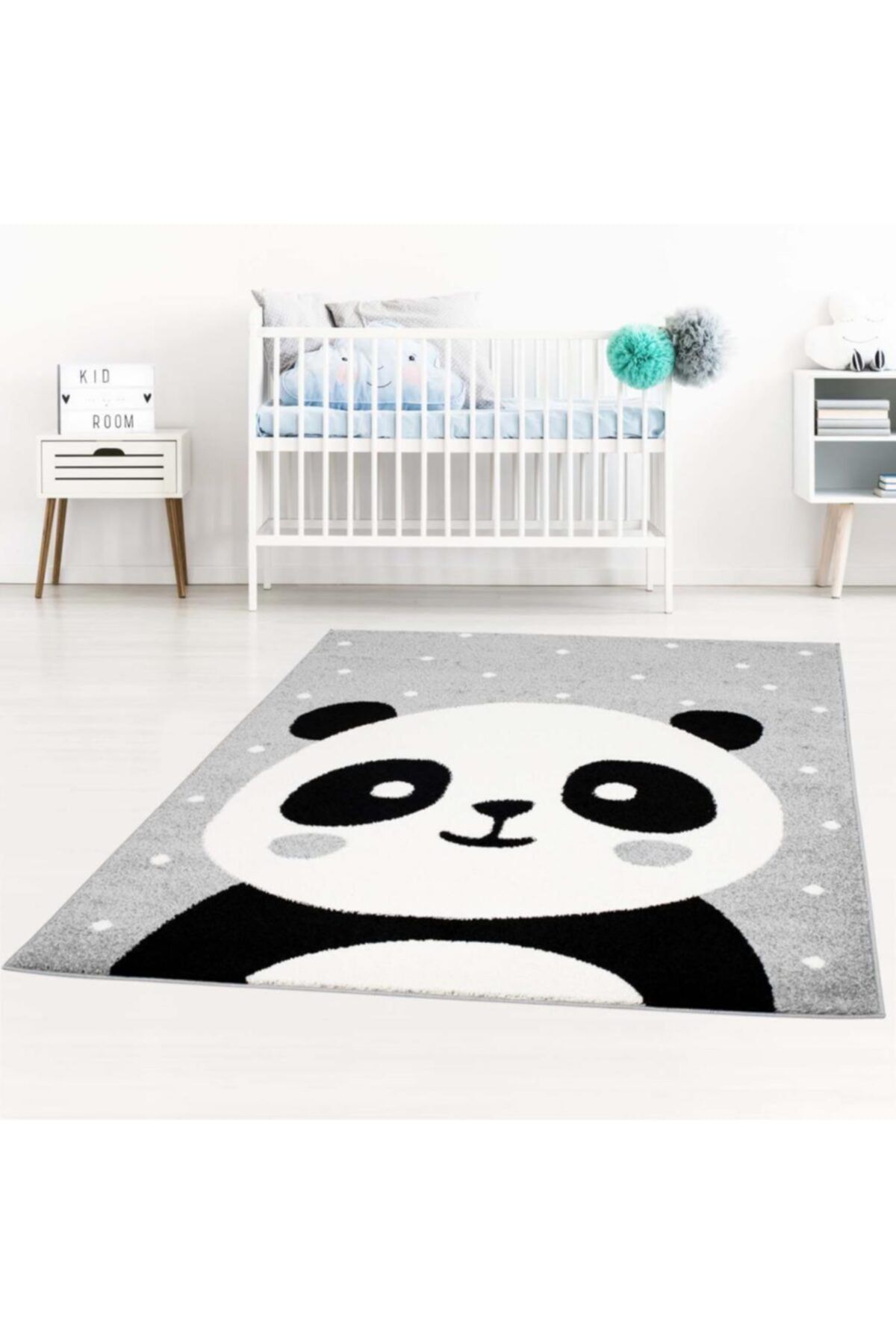 Post Halı Ponciko Panda Desenli Gri Çocuk Odası Halısı