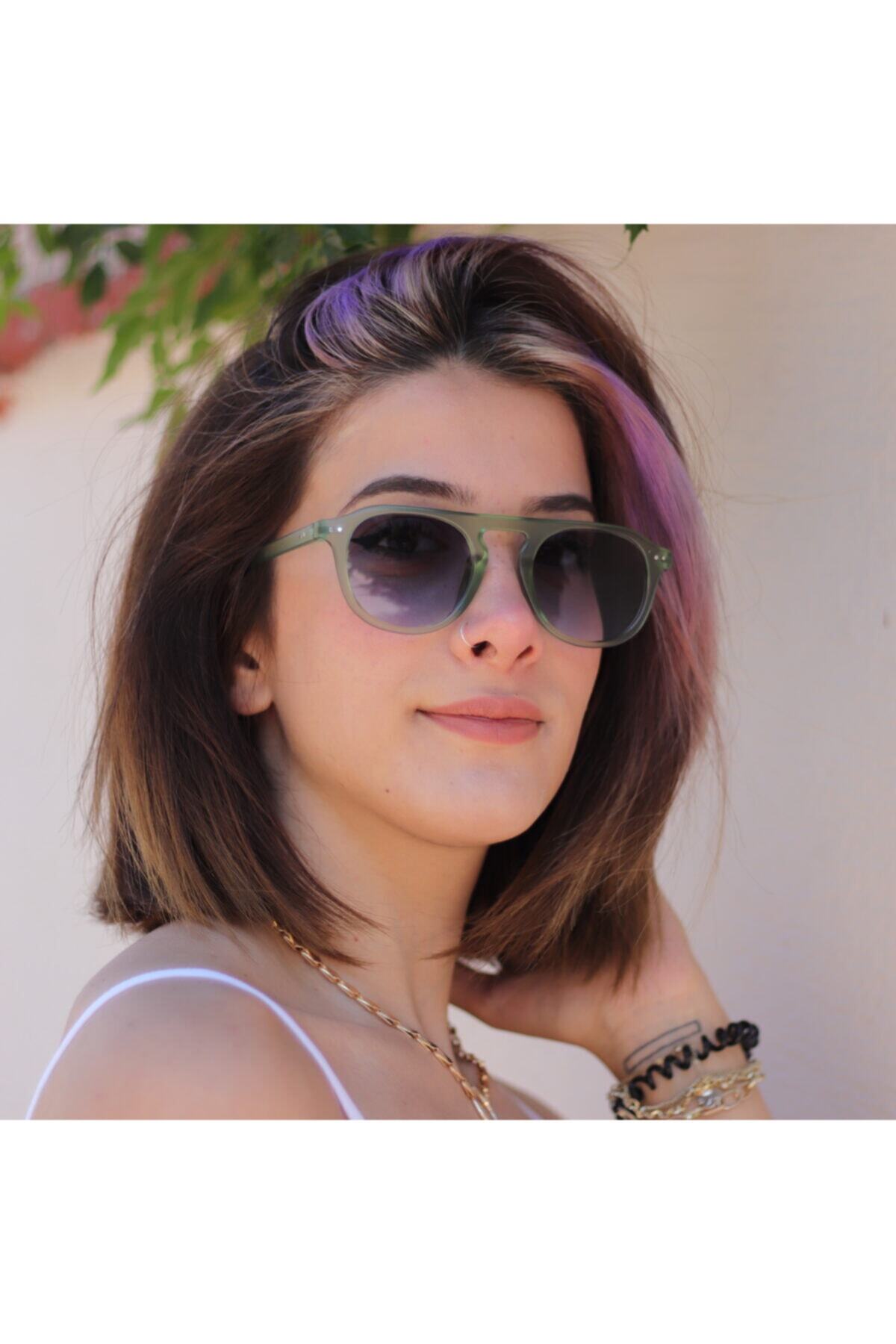 LOOKUP Lookup Unısex Oval Yeşil Çerçeve Mavi Cam Iki Nokta Güneş Gözlüğü