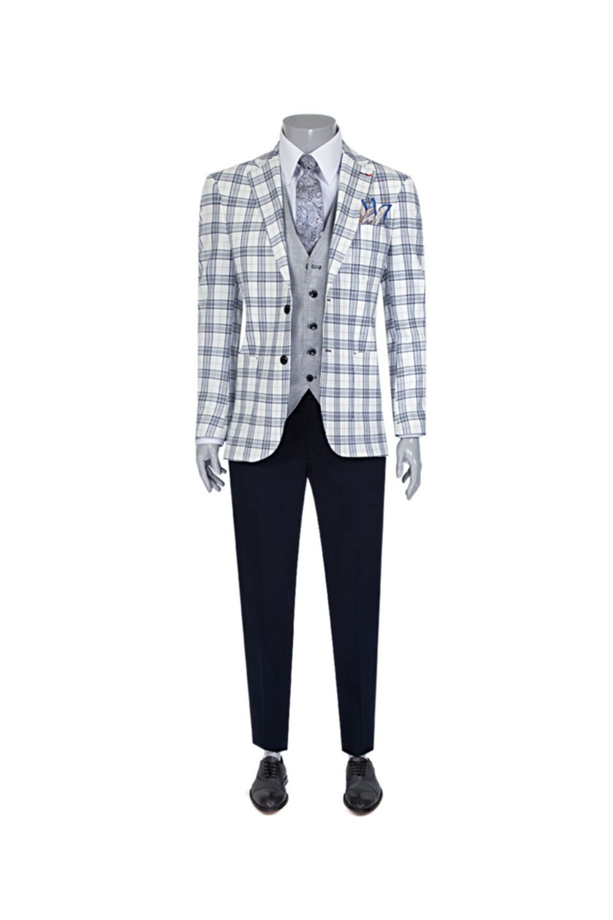 D'S Damat Slim Fit Ekru Ekoseli Kombinli Takım Elbise
