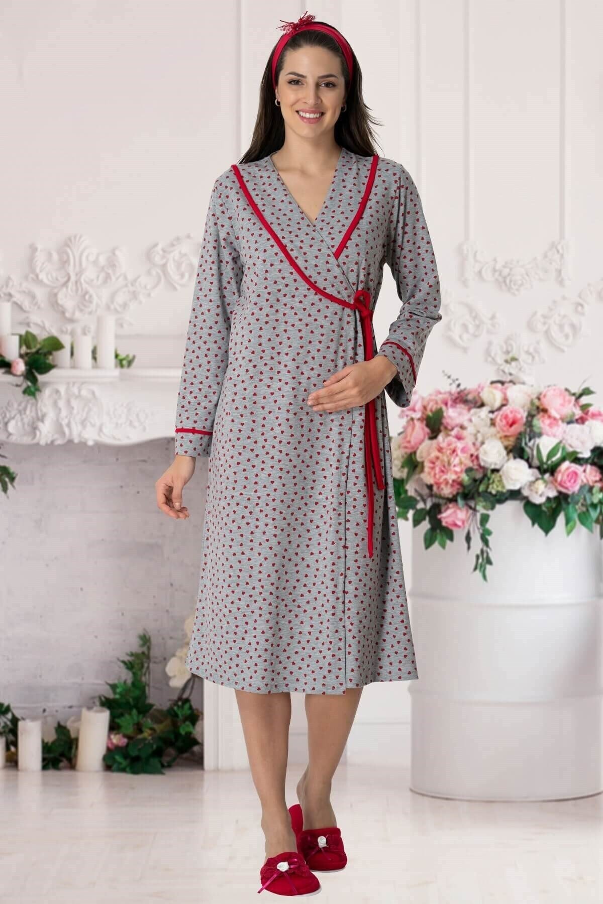 Mecit Pijama Carpediem 1555 Kırmızı Kalp Desenli Kadın Sabahlık