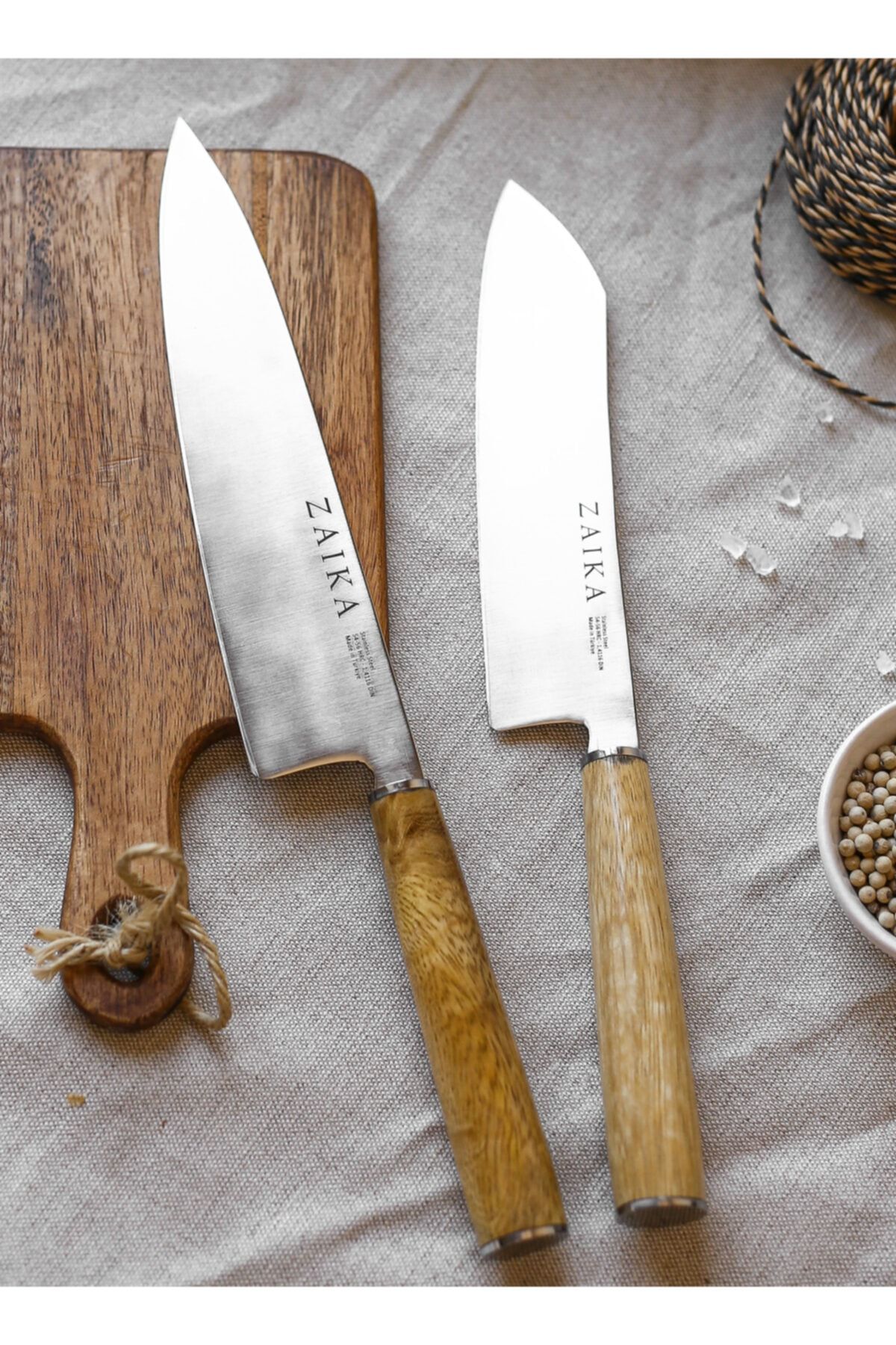 Zaika 2'li Set Gyutou Ve Eğri Santoku Japon Tasarım Şef Bıçakları- Ahşap Sap Paslanmaz Çelik