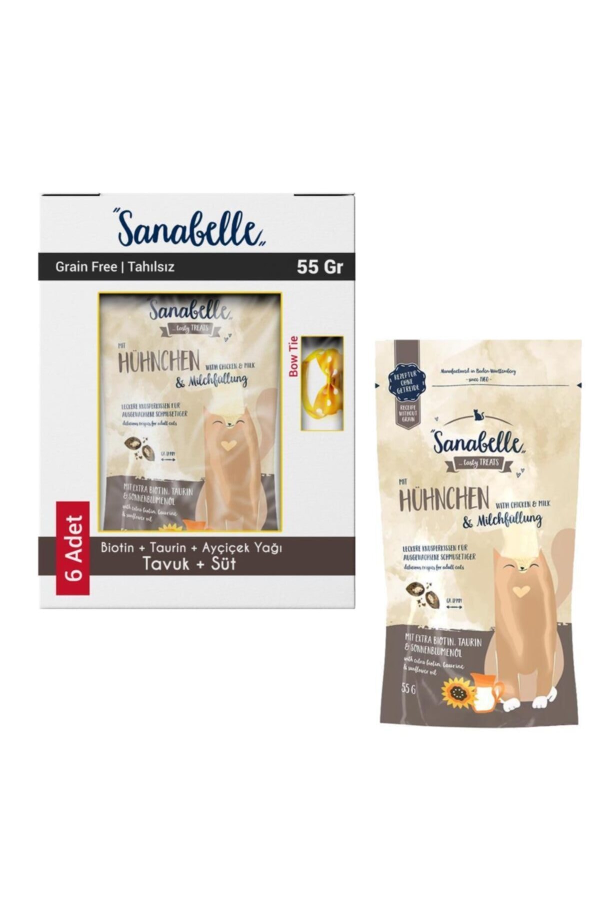 Sanabelle Tahılsız Tavuklu Ve Sütlü Içi Dolgulu Kedi Ödül Maması 6x55 Gr